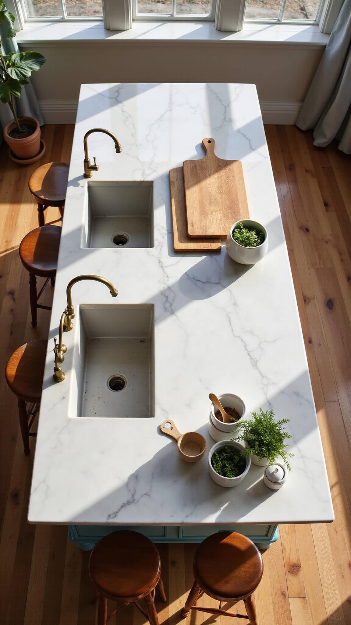 Overhead view of a marble-topped farmhouse kitchen island with prep sink, vintage stools, cutting boards, ceramic bowls, and potted herbs in morning sunlight.