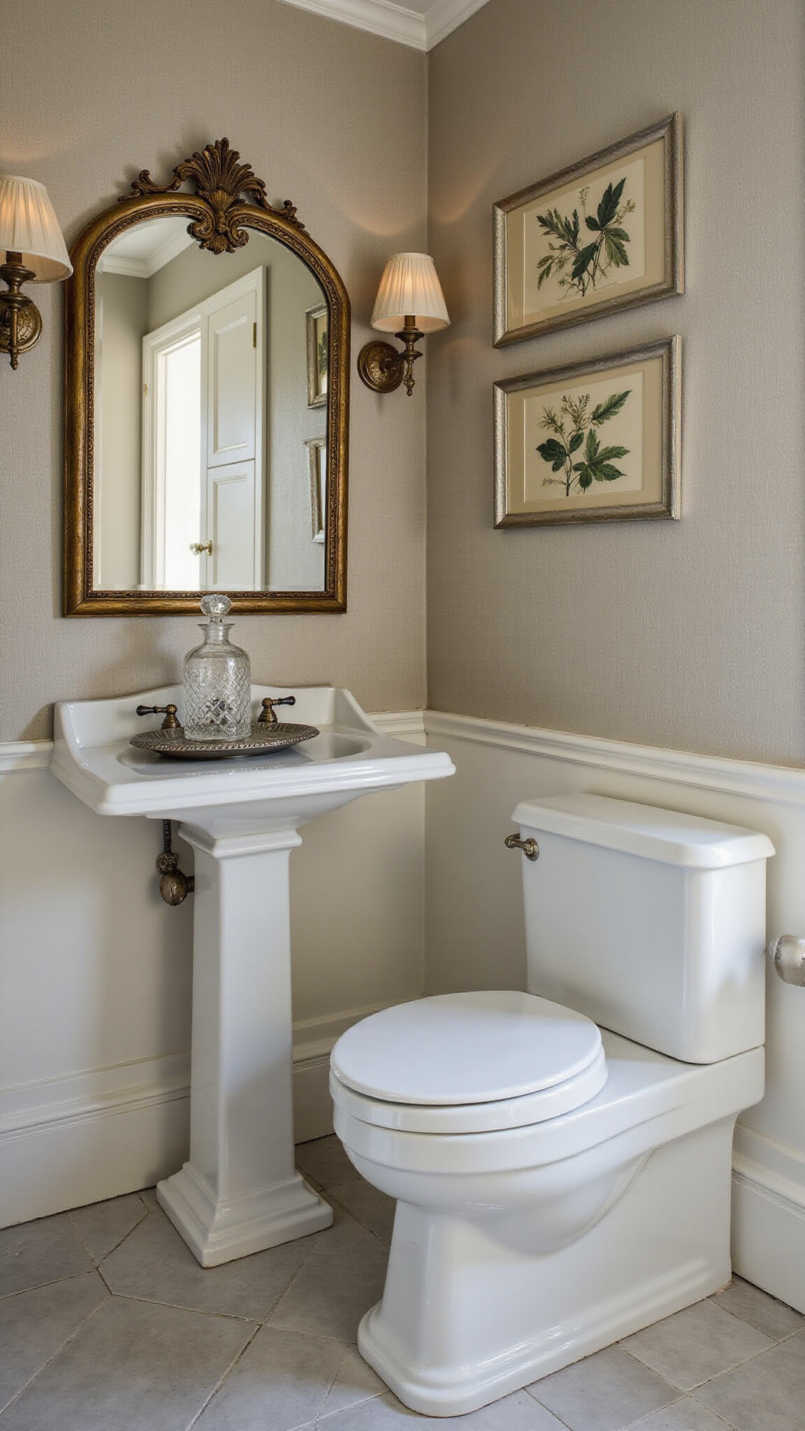 Close-up of antique gilt mirror in warm silver grasscloth powder room, reflecting soft afternoon light, with pleated silk shaded sconces, marble herringbone floor, and silver tray with crystal decanters.