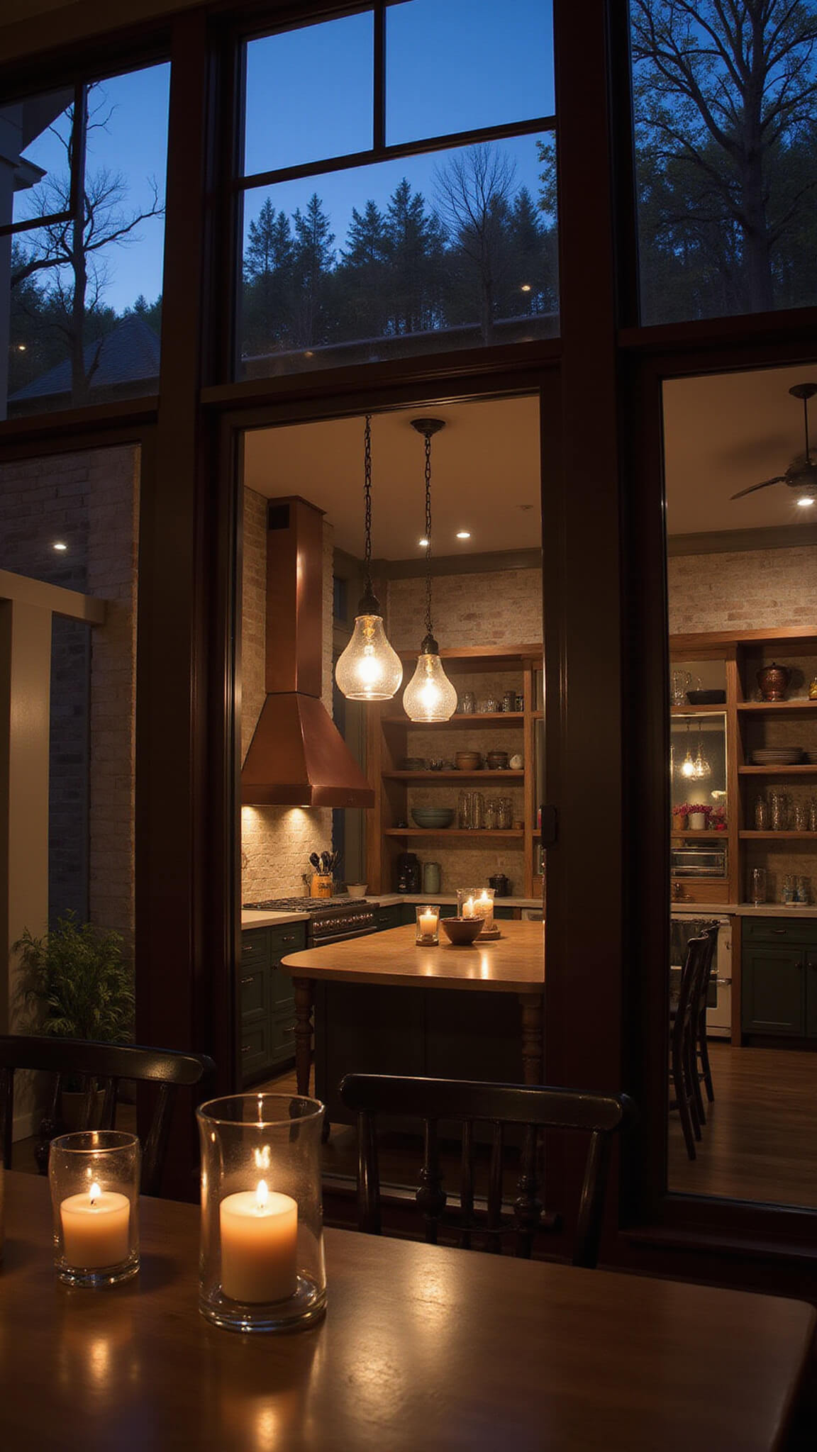 Twilight farmhouse kitchen with wall of windows, industrial pendant lights, vintage mirror panels, white oak floors, copper hood, and candle-lit ambiance.
