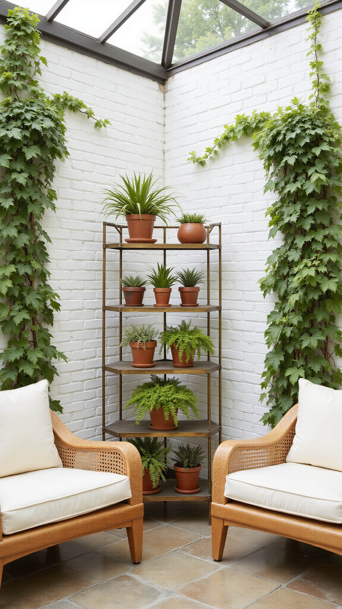 Bright garden room with whitewashed brick walls, climbing ivy, rattan furniture, orchids and ferns on glass étagère, limestone floor with terracotta pots, and natural light through a greenhouse ceiling.