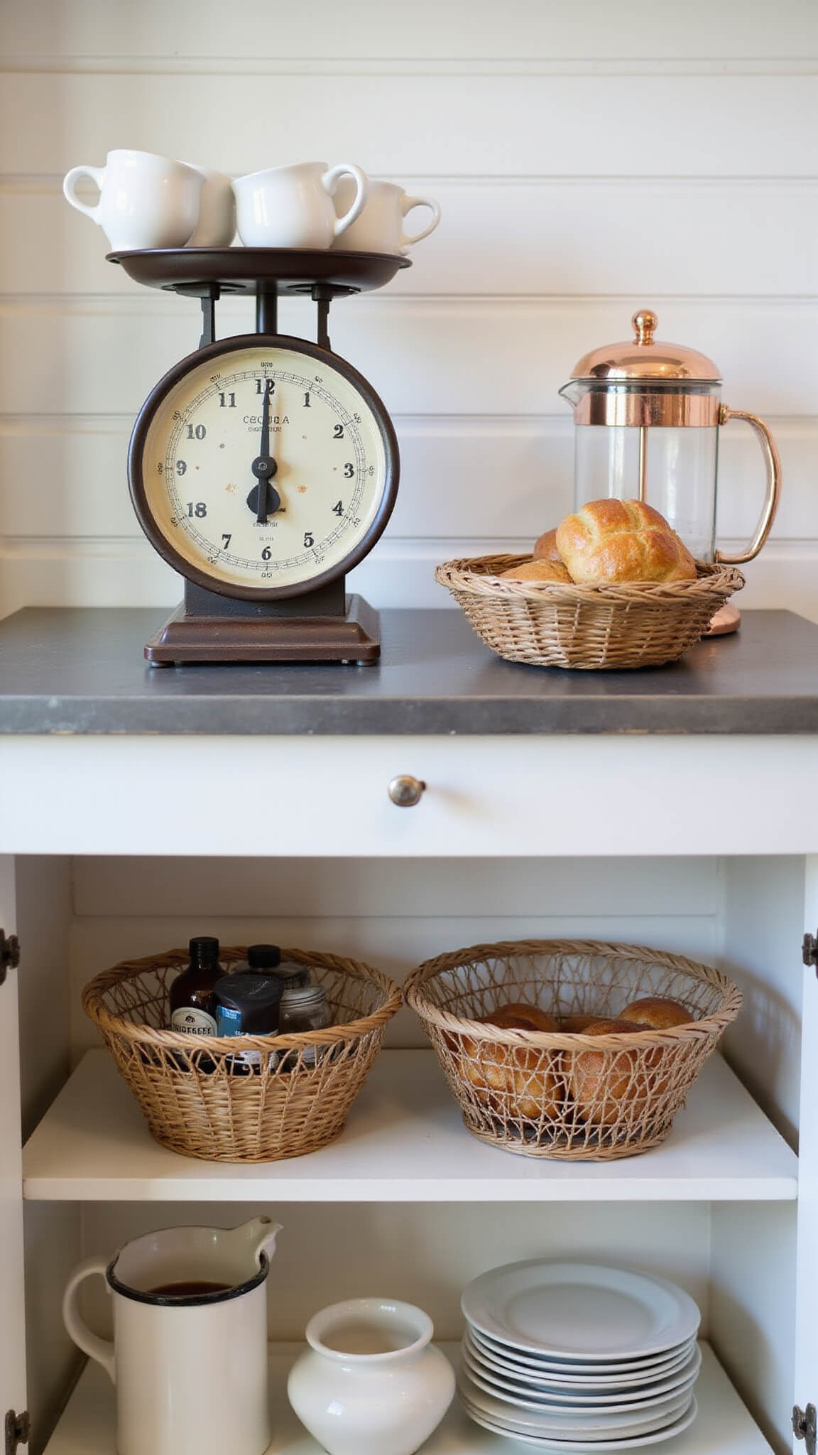 Farmhouse coffee station at dawn with vintage scale holding mugs, French press glowing in morning light, pastries in basket, and coffee supplies in wire baskets.