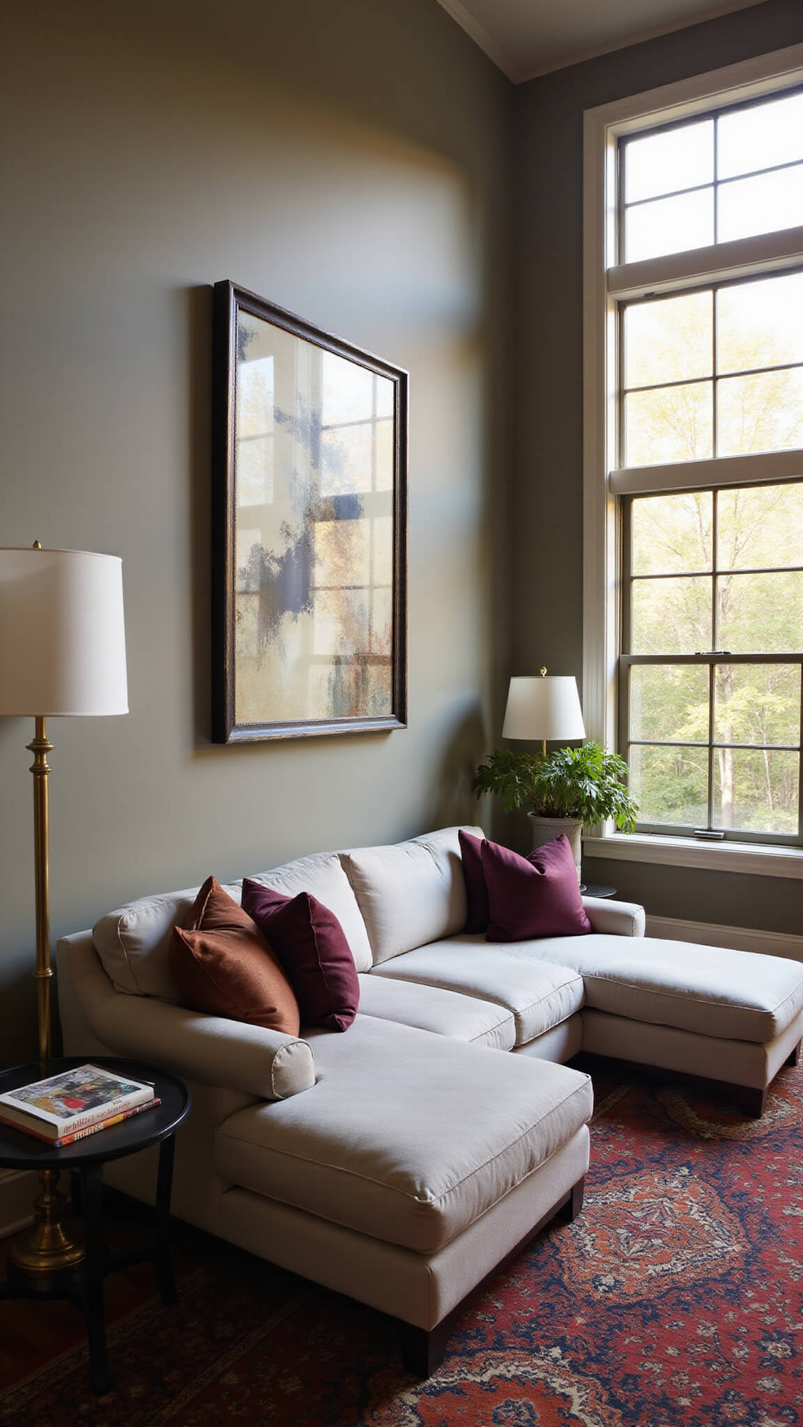 Sophisticated living room with high ceilings, grey velvet sectional, jewel-toned rugs, and golden afternoon light through tall windows.