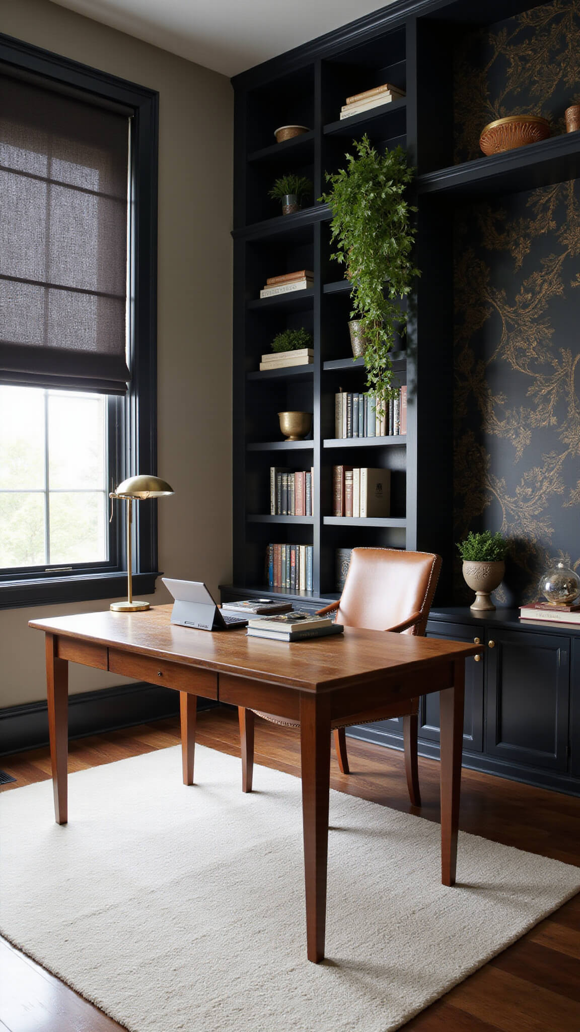 Moody home office with black built-in bookshelves, walnut desk on ivory rug, cognac leather chair, and geometric wallpaper, lit by morning light and soft fill lighting.