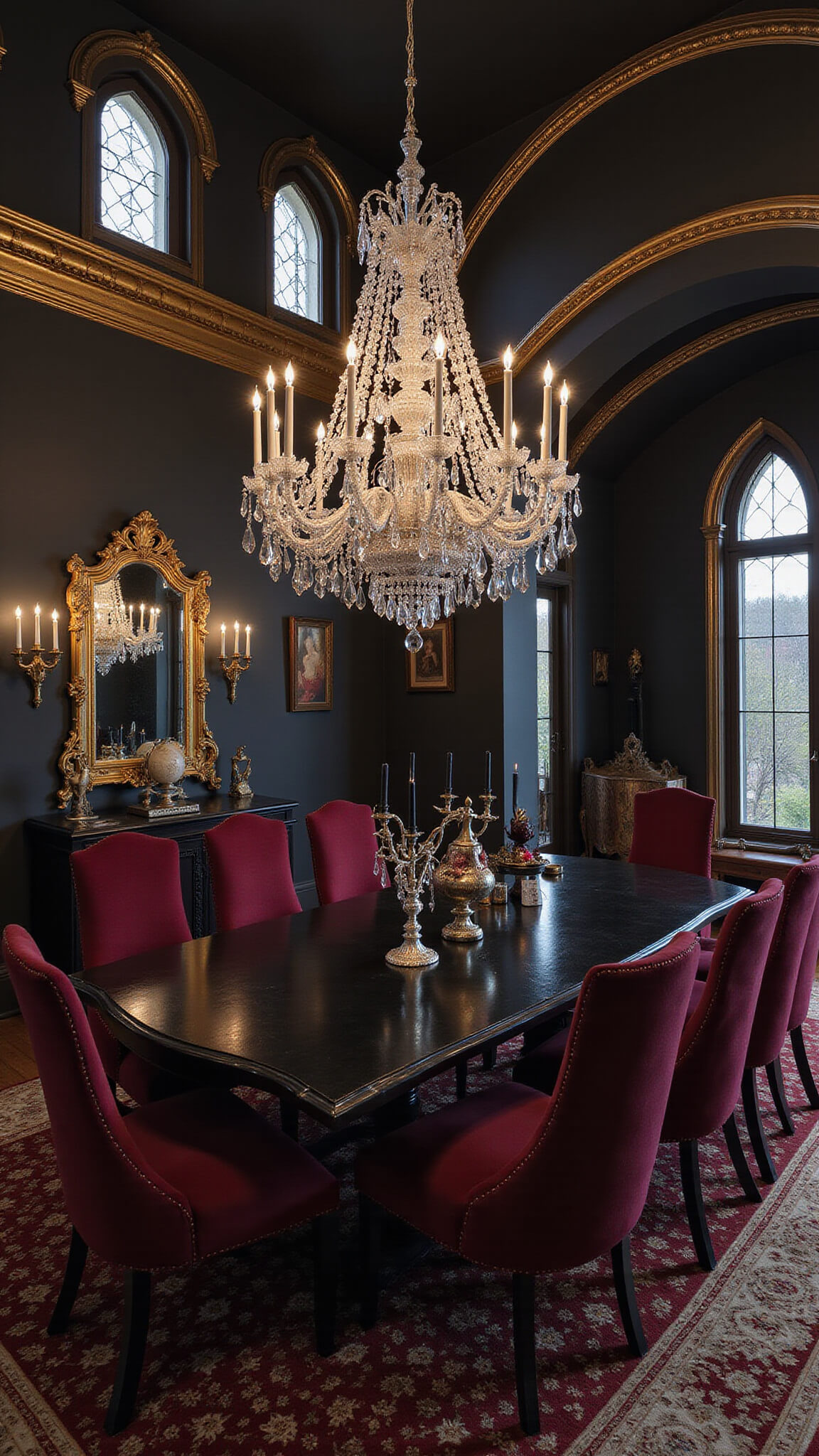 Gothic-inspired dining room with cathedral ceiling, ebony table, burgundy velvet chairs, crystal chandelier, gold accents, and macabre decor illuminated by dusk lighting.