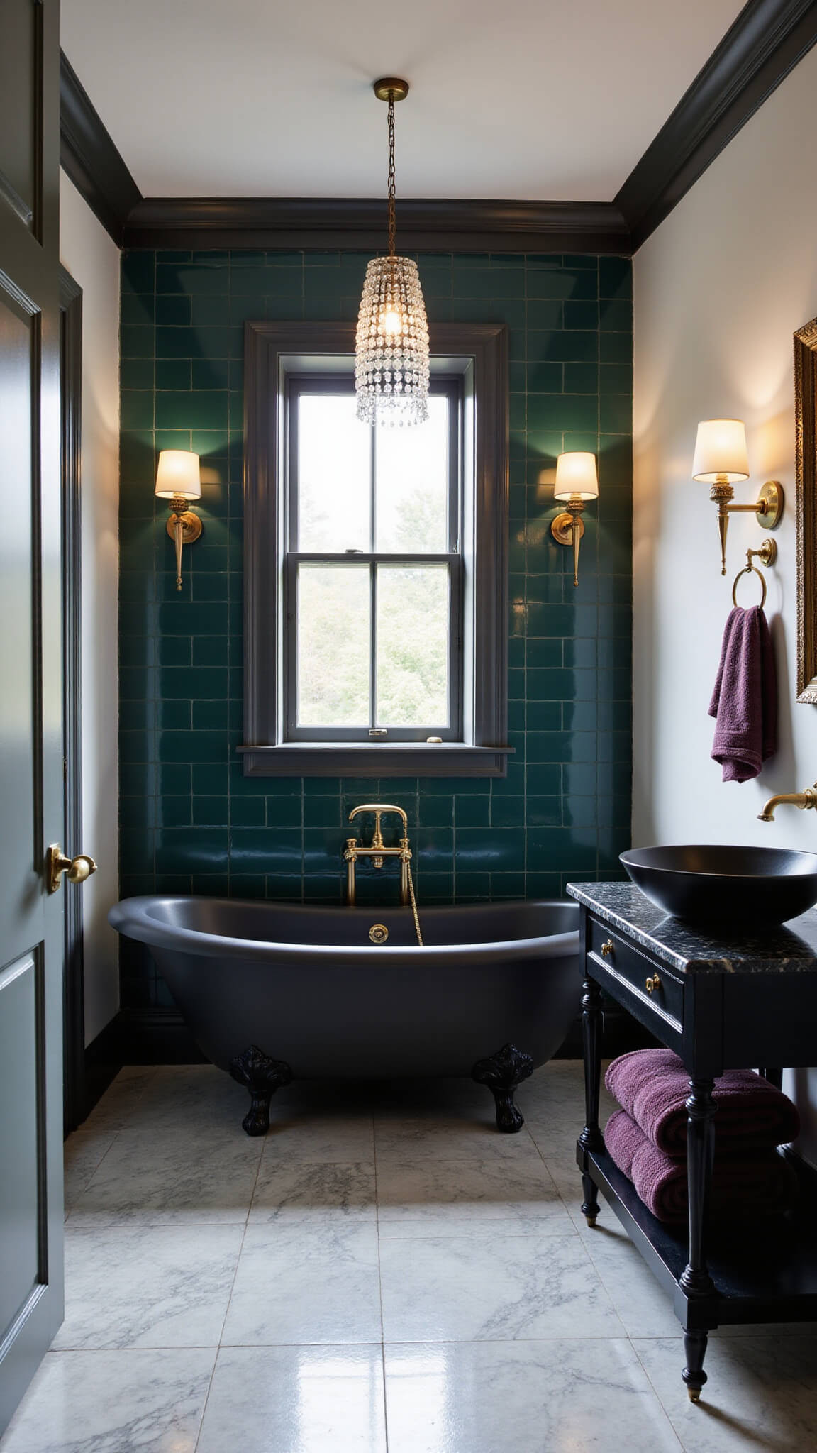 Luxurious 10x12 bathroom with black and white herringbone marble floor, matte black freestanding tub against emerald tile wall, brass fixtures, crystal pendant light, and black marble vanity.