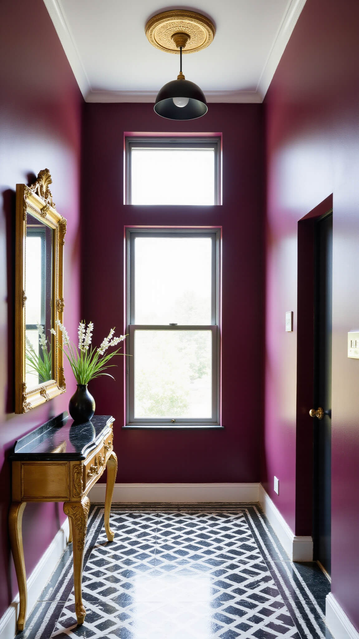Luxurious small entryway with high-gloss aubergine walls, gilt console table, antique gold mirror, geometric tile floor, and brass ceiling medallion under midday light.