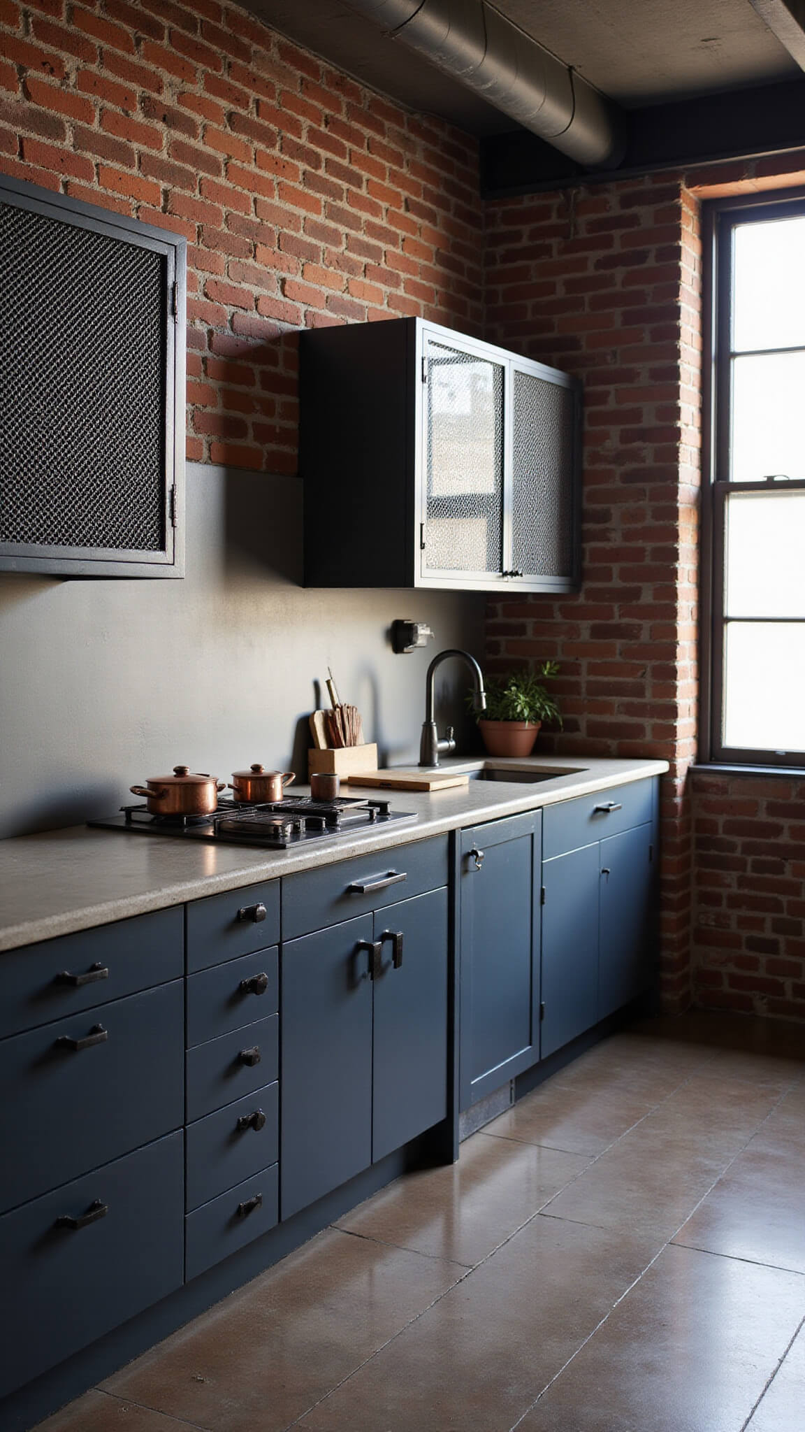 Industrial chic loft kitchen with exposed brick, steel beams, navy cabinets, polished concrete counters, and afternoon light casting dramatic shadows.