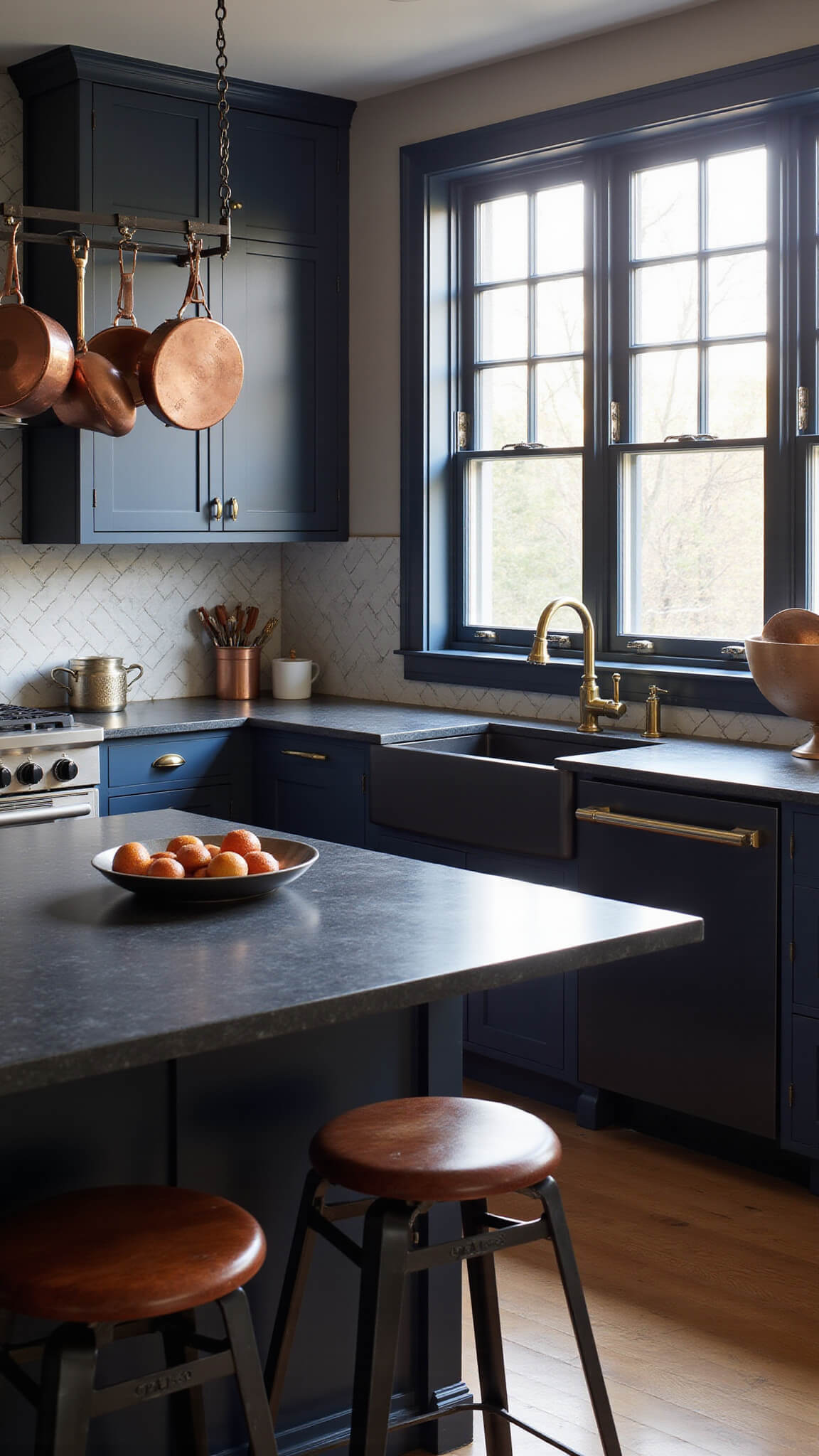 Dramatic kitchen with navy cabinets, black soapstone counters, marble herringbone backsplash, and copper pots hanging above a black steel island with leather barstools, lit by morning light and under-cabinet lighting.