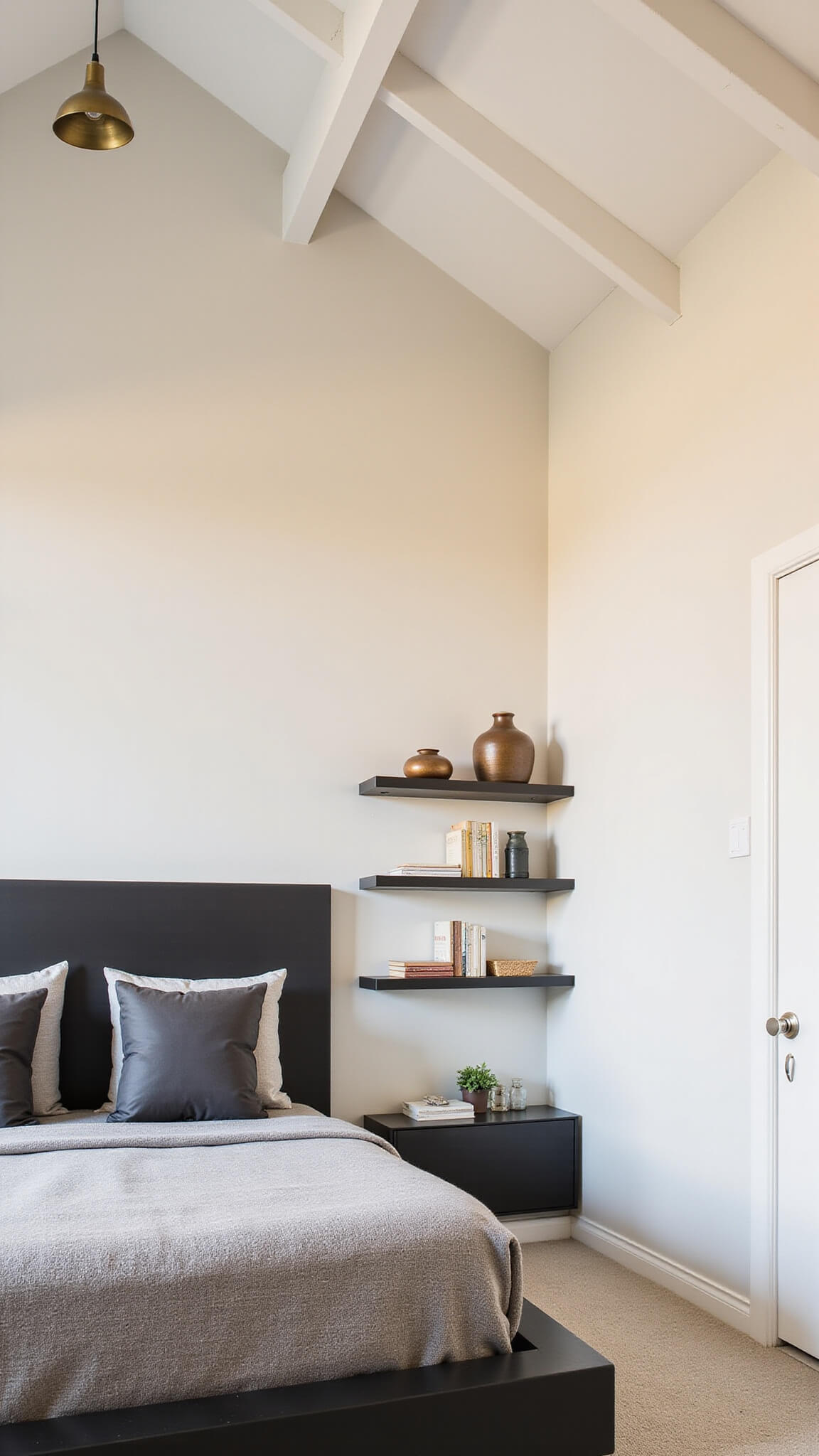 Minimalist primary bedroom with vaulted ceiling and white beams, black platform bed against ivory wall, brass pendant light, and asymmetrical floating shelves in warm golden hour light.