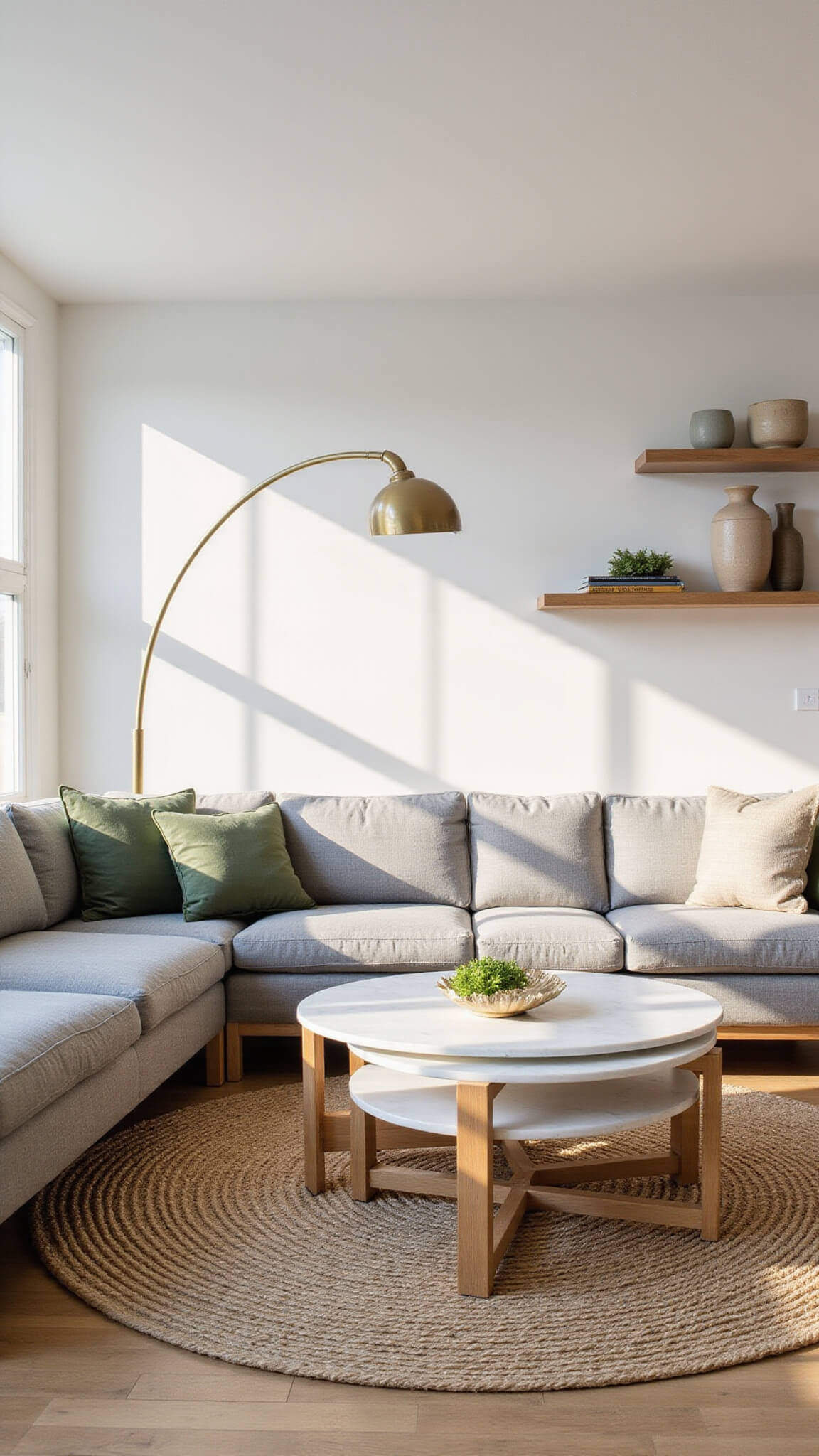 Sunlit modern living room with gray linen sectional, marble coffee tables, jute rug, and brass floor lamp under golden hour lighting.