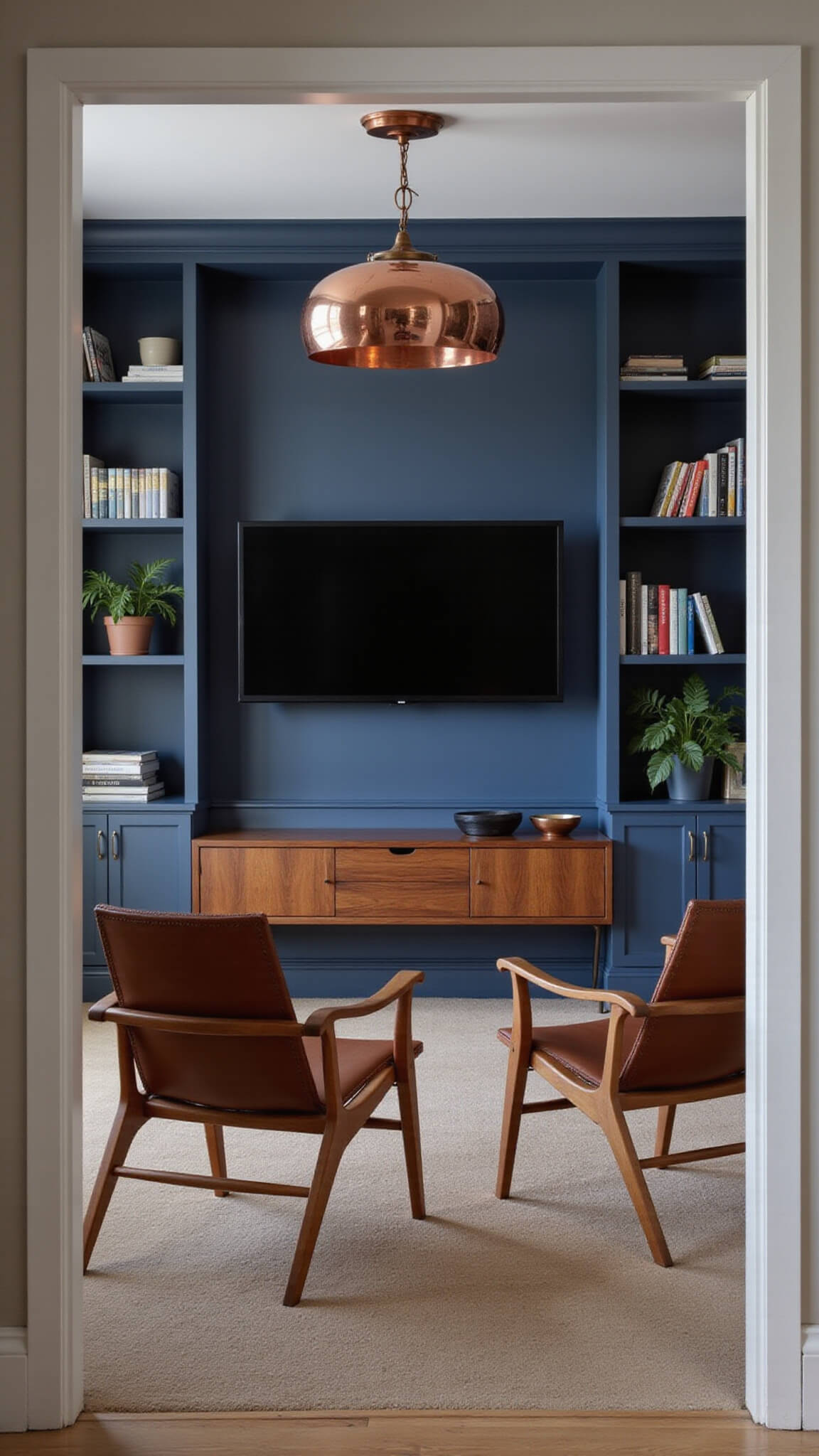 Mid-century style 11x13ft room during blue hour with floating walnut media console, dark navy built-in bookshelves, leather sling chairs, and geometric copper pendant light casting shadows.