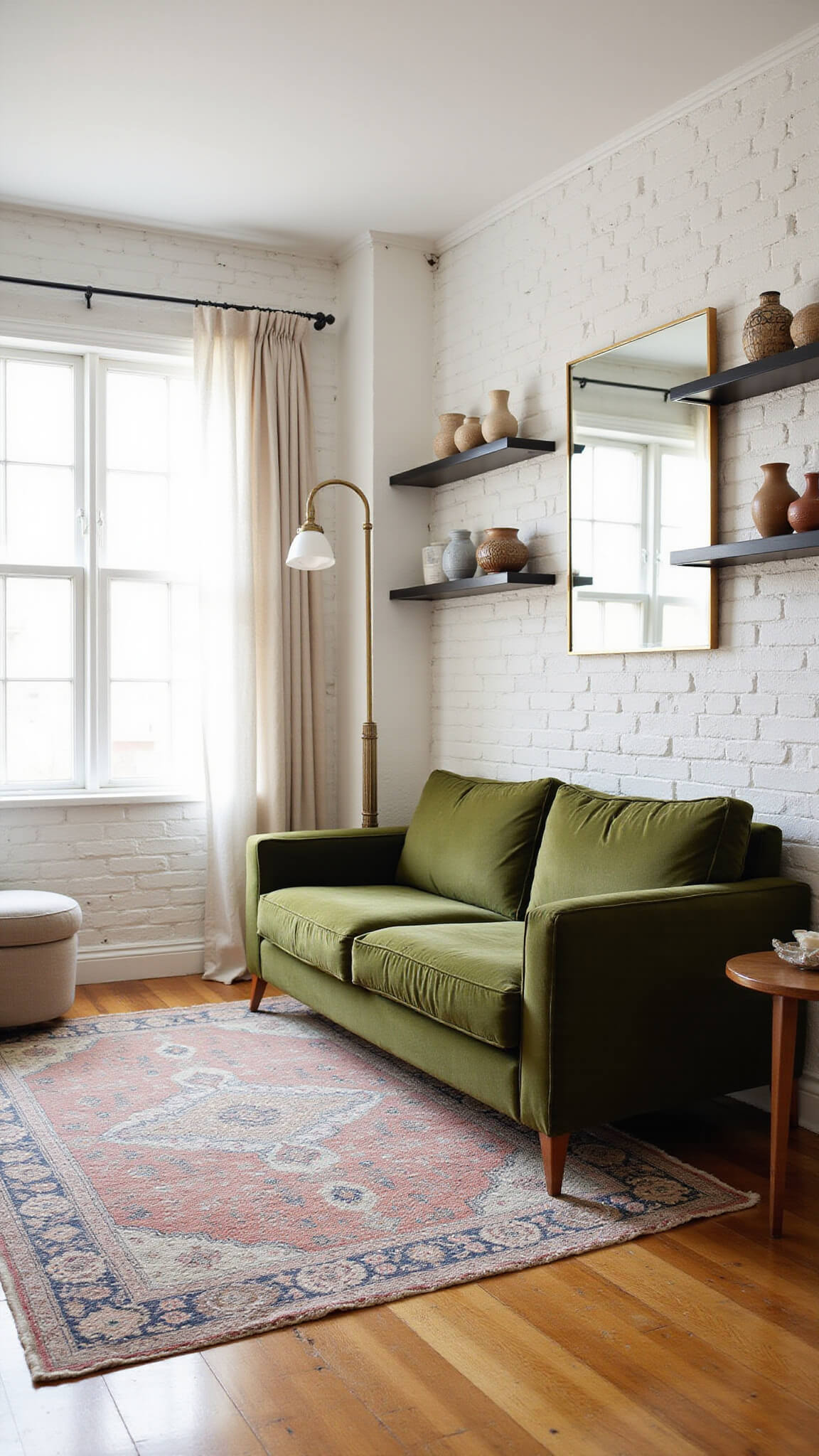Sunlit compact living area with moss green velvet sofa, white brick wall, vintage brass mirror, ceramic vessels on shelves, layered muted rugs, and sheer linen curtains.