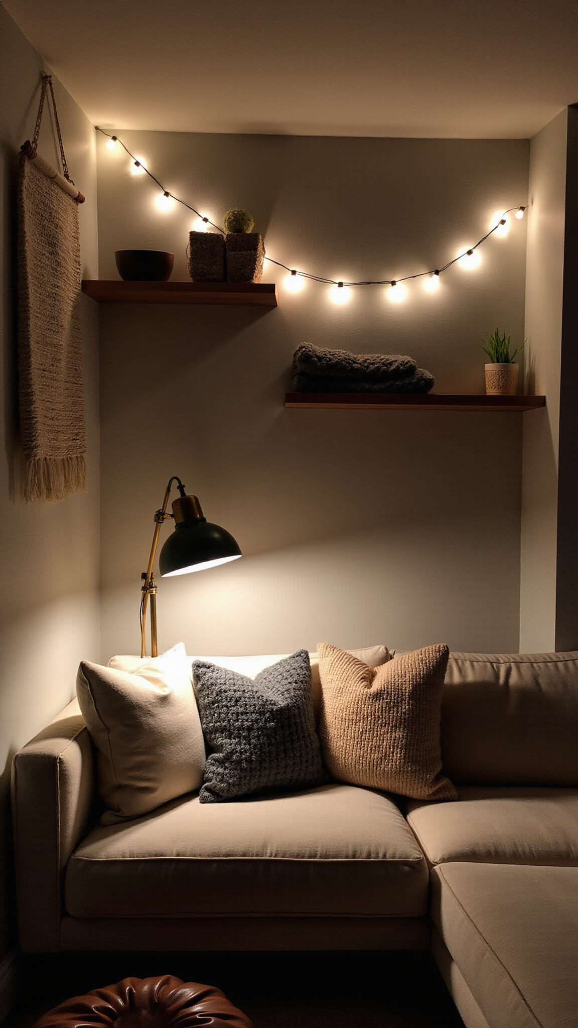 Cozy 10x12ft room at dusk with layered lighting, featuring oatmeal linen sectional, vintage brass lamp, string lights on shelves, and textured decor elements.