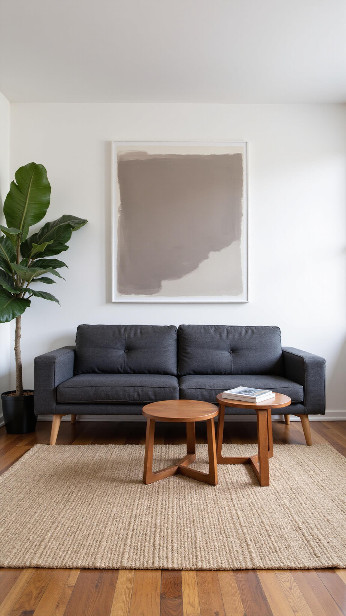 Modern minimalist 11x14ft room with charcoal platform sofa on geometric jute rug, oversized muted art print, copper nesting tables, and fiddle leaf fig in morning light.