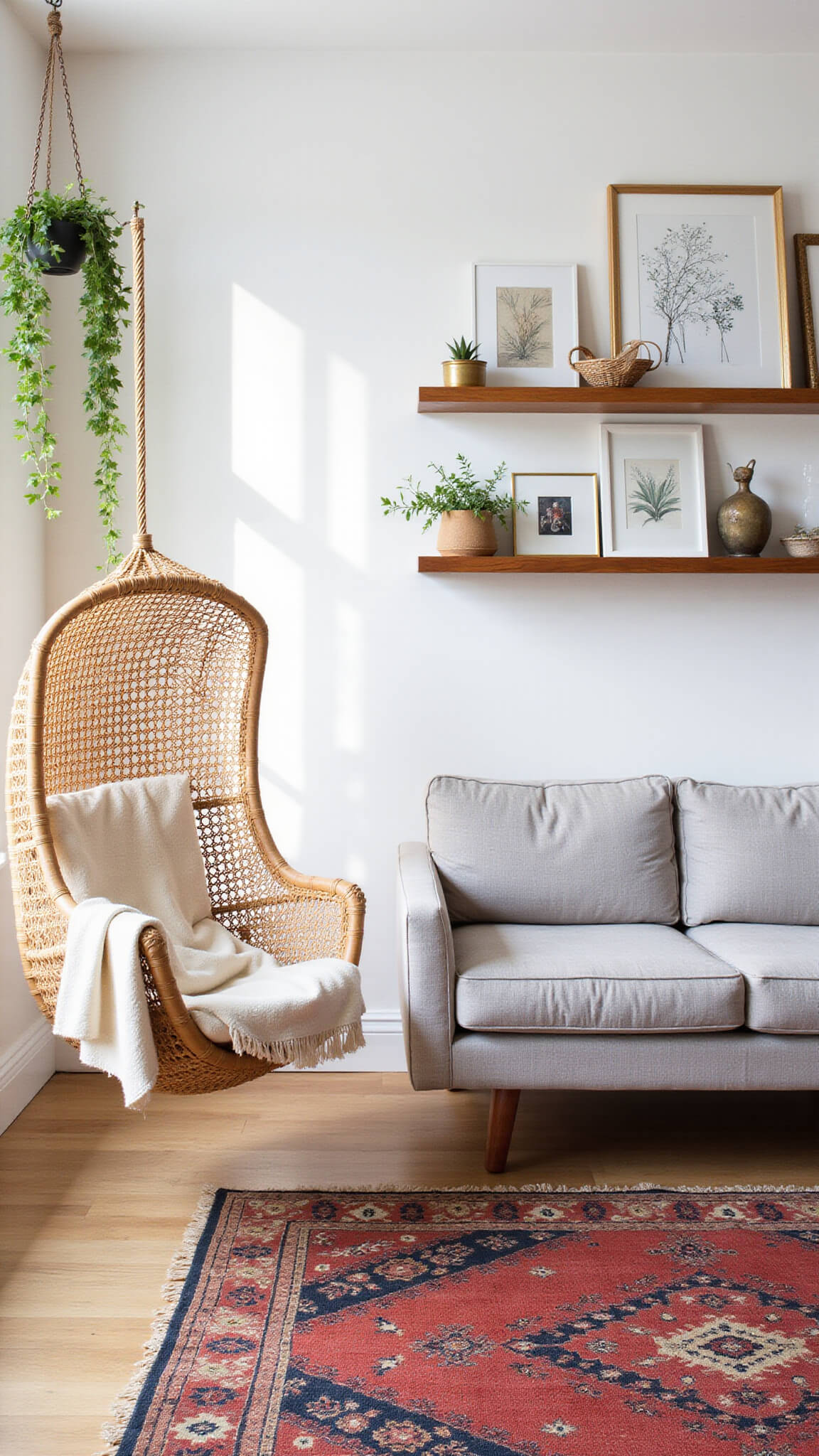 Bohemian-style room with rattan hanging chair, vintage kilim rug, gallery wall, brass mobile, and trailing plants in soft afternoon light.