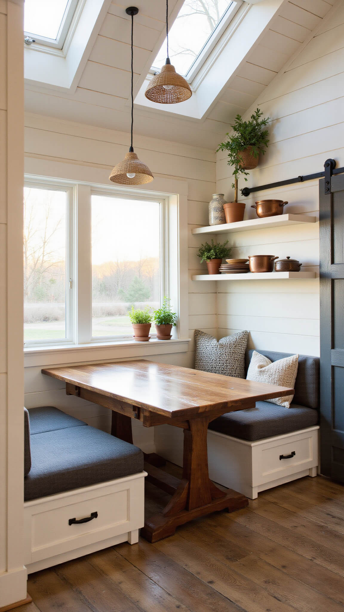 Golden hour light fills a cozy cabin kitchen-dining area with a walnut drop-leaf table, charcoal linen bench seating, open shelves of pottery and copper cookware, and warm white shiplap walls.