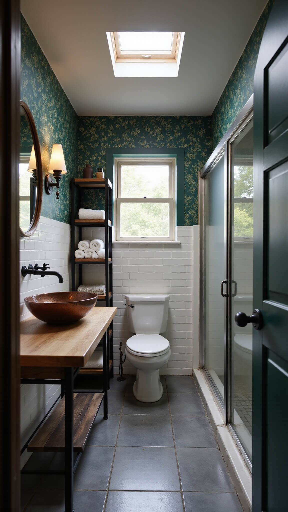 Moody dusk view of a small cabin bathroom with slate floors, glass shower, reclaimed oak vanity, copper vessel sink, black metal shelves, skylight, and forest green botanical wallpaper.