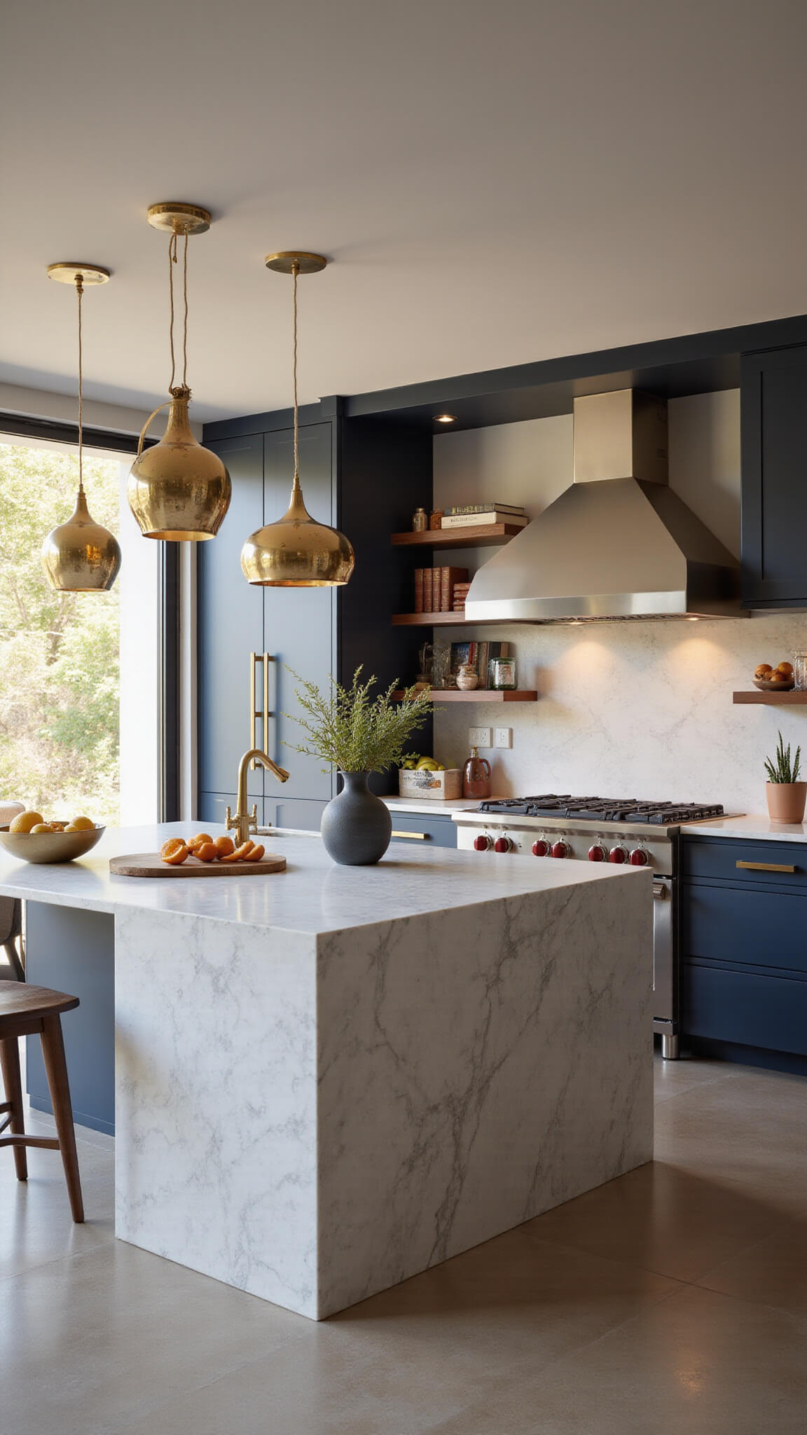Modern luxury kitchen with Calacatta marble island, navy cabinets, brass accents, and warm golden hour lighting.