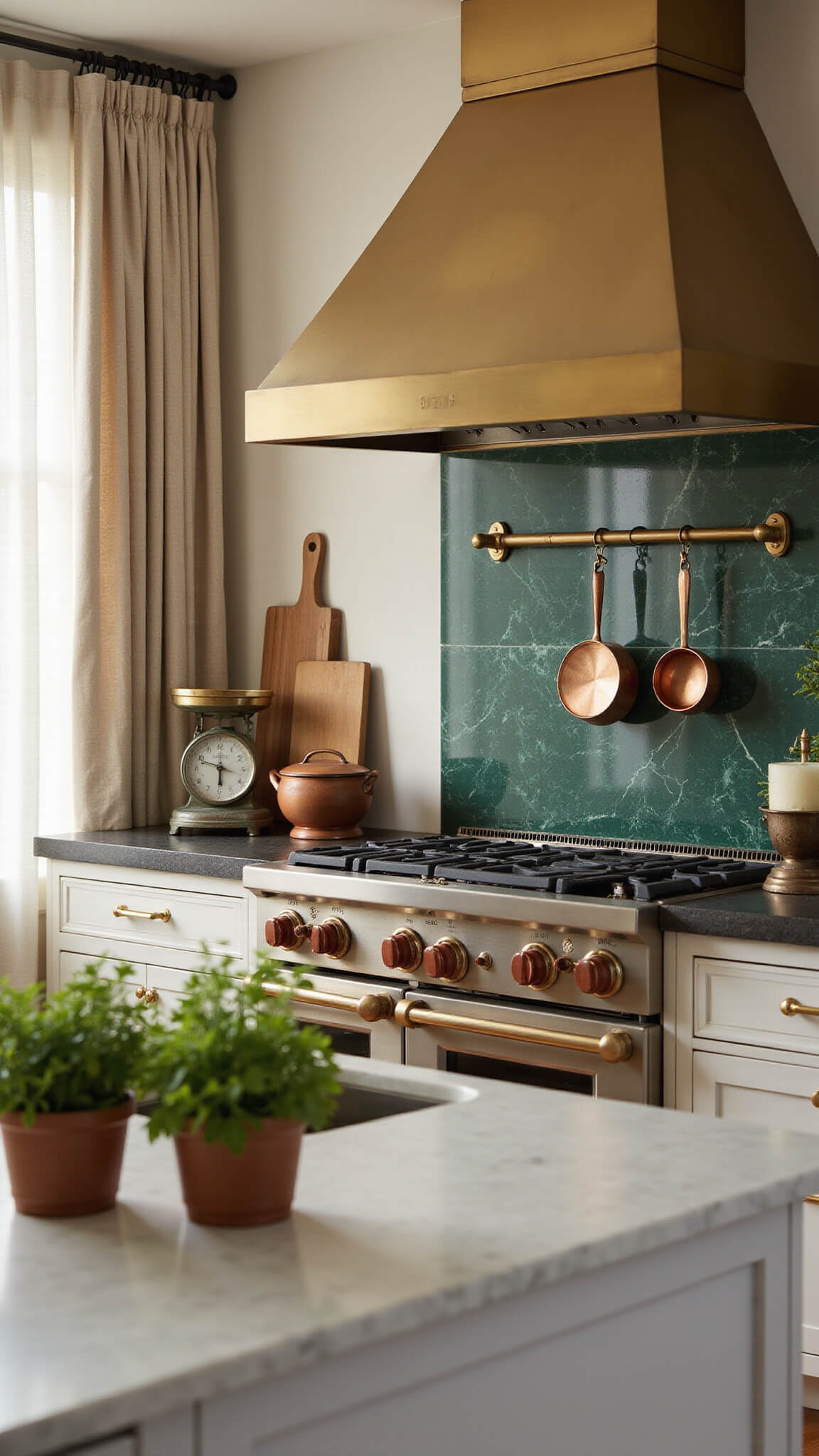 Close-up of luxury kitchen at dawn with brass range hood, emerald marble backsplash, oak cabinetry, and copper cookware in soft morning light.