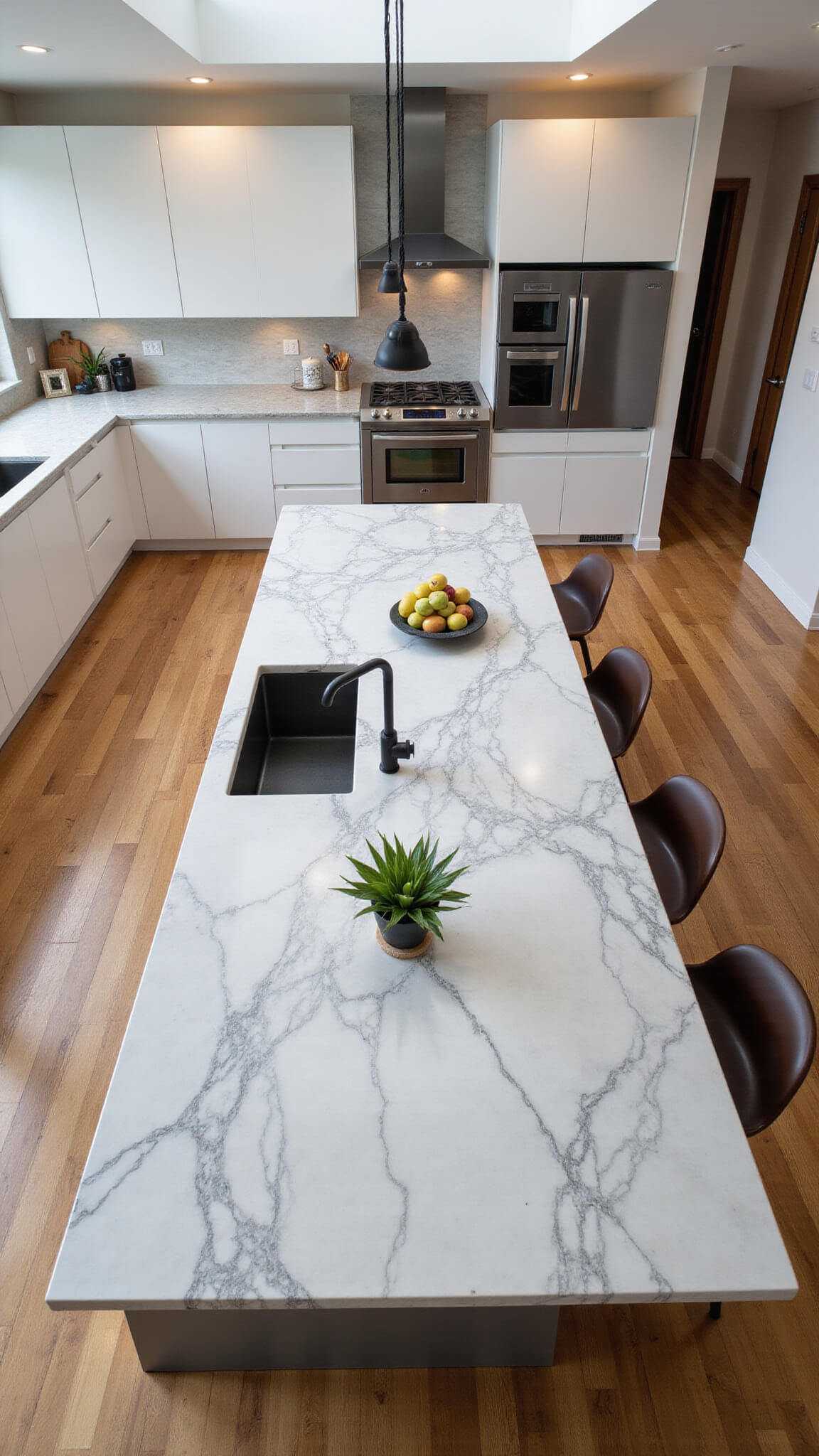 Overhead view of 16-foot kitchen island with quartzite countertop, herringbone wood floors, minimalist white cabinetry, black steel appliances, and leather barstools in natural midday light.