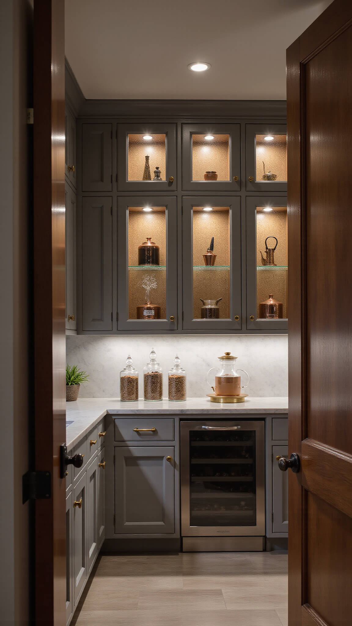 Moody evening view of butler's pantry with LED-lit glass cabinets, brass mesh storage, marble counter with vintage decanters and copper barware, and hidden coffee station.