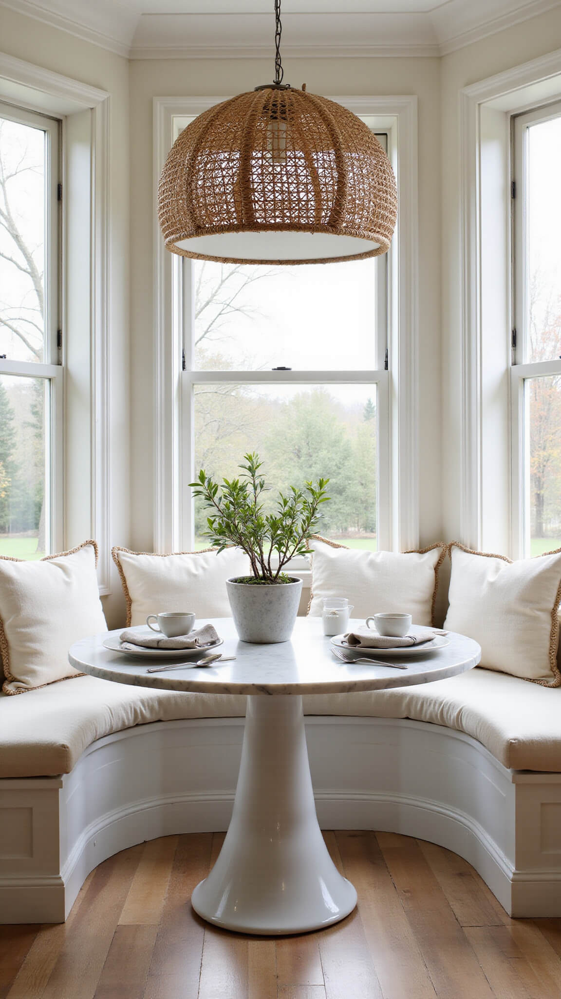 Sunlit breakfast nook with bay window seating, marble table, and rattan pendant, featuring soft textures and pale oak paneling.