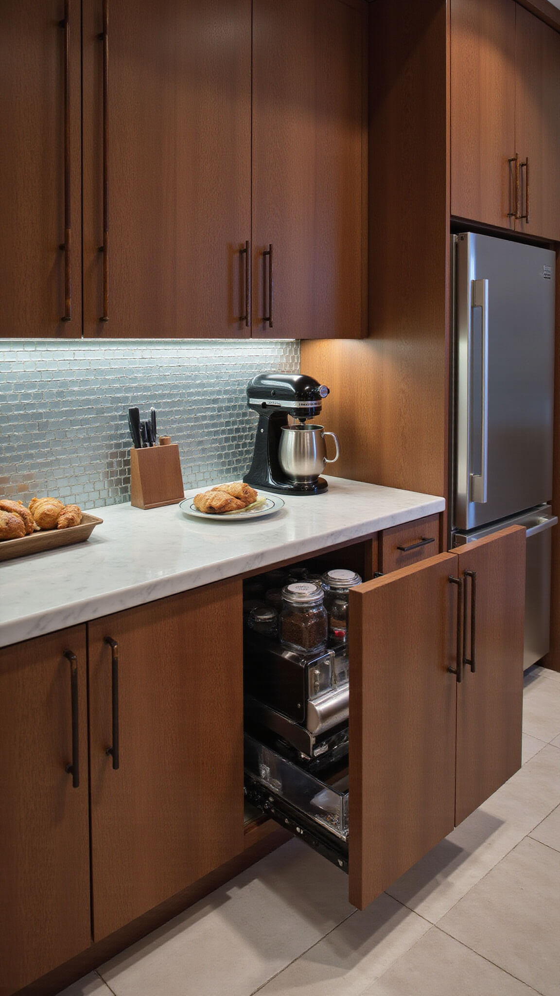 Luxury kitchen appliance garage with walnut doors open to reveal coffee maker, toaster, and mixer on marble counter, under soft lighting highlighting metallic backsplash and organized storage.
