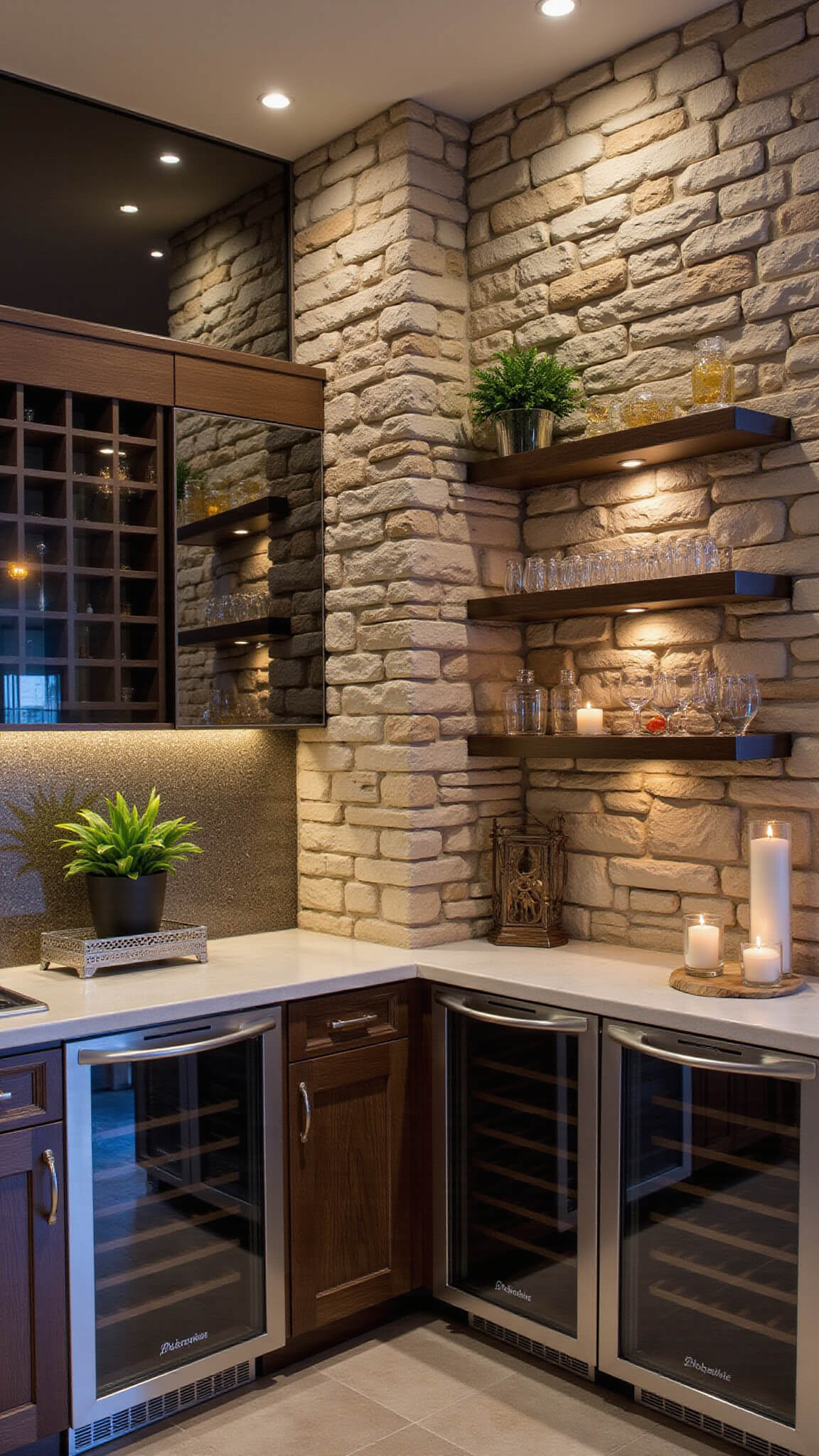 Twilight kitchen entertainment area with stone wine wall, glass-front wine storage, wet bar with smokey mirror, floating shelves, dual wine fridges, ice maker, and ambient decor.