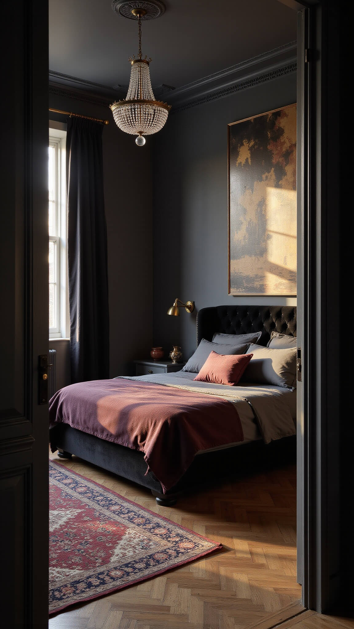 Moody romantic bedroom with charcoal walls, golden hour light through sheer curtains, king bed in burgundy and gray linens, velvet headboard, crystal chandelier, brass sconces, vintage Persian rug on herringbone floors.