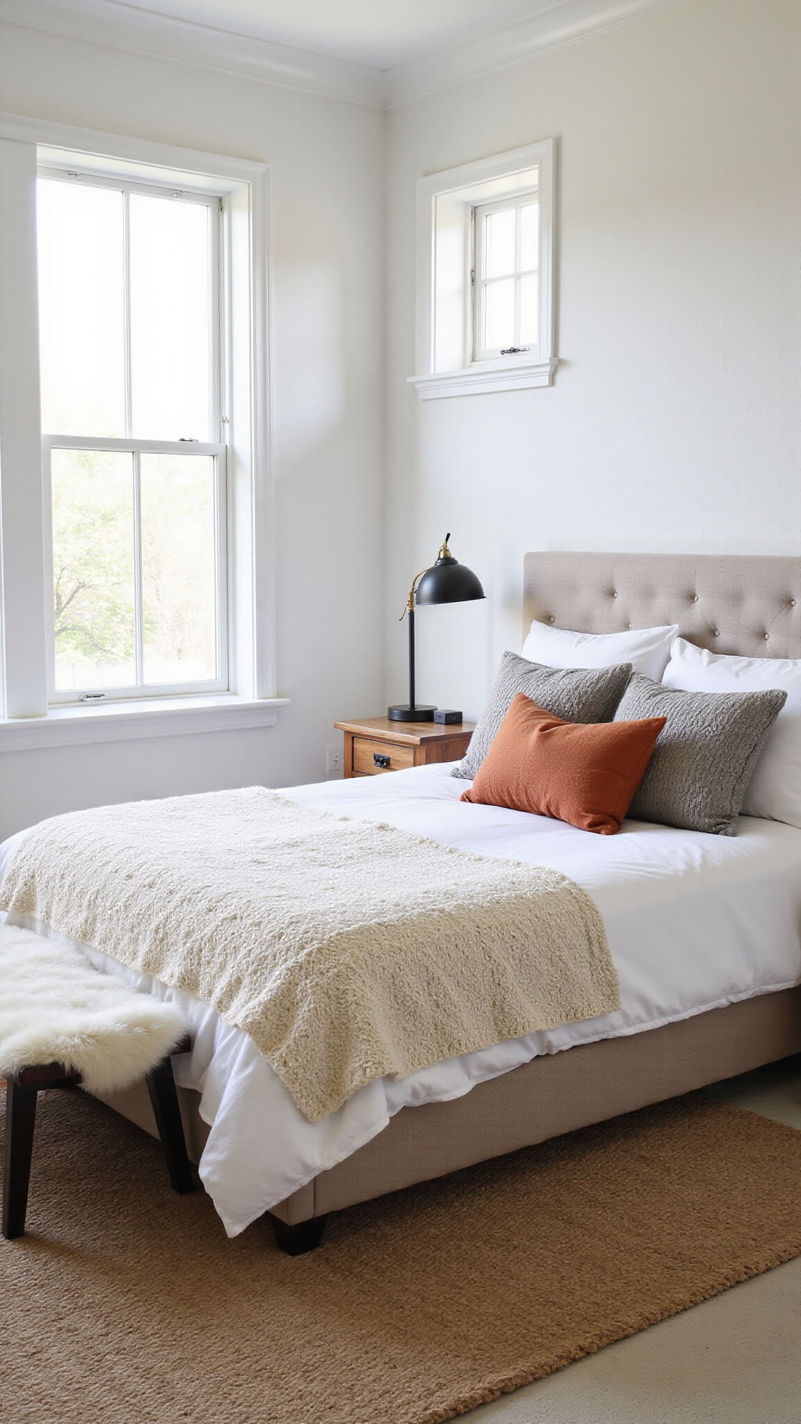 Sunlit corner bedroom with California king bed, textured white walls, layered textiles in warm tones, jute rug over sisal, and reclaimed wood bench; floor-to-ceiling windows illuminate cozy, modern decor.