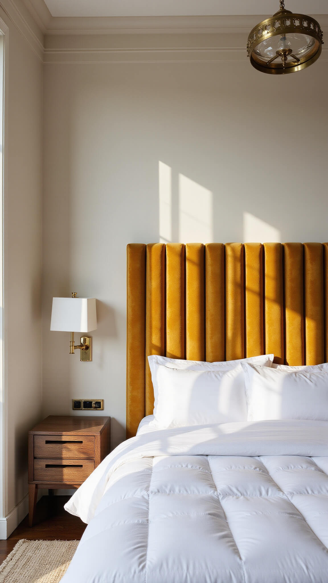 Luxurious boutique hotel-style bedroom with tall ochre velvet headboard, tray ceiling, floating nightstands, and dramatic late afternoon lighting.