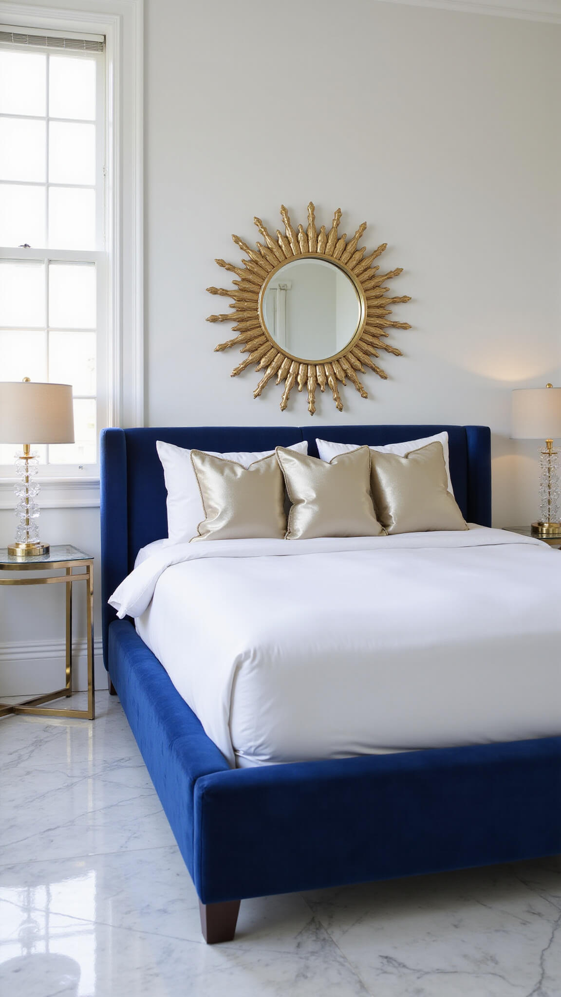 Luxurious 12x14 bedroom with white walls, herringbone marble floors, royal blue velvet bed, metallic pillows, brass sunburst mirror, and crystal table lamps in soft northern light.
