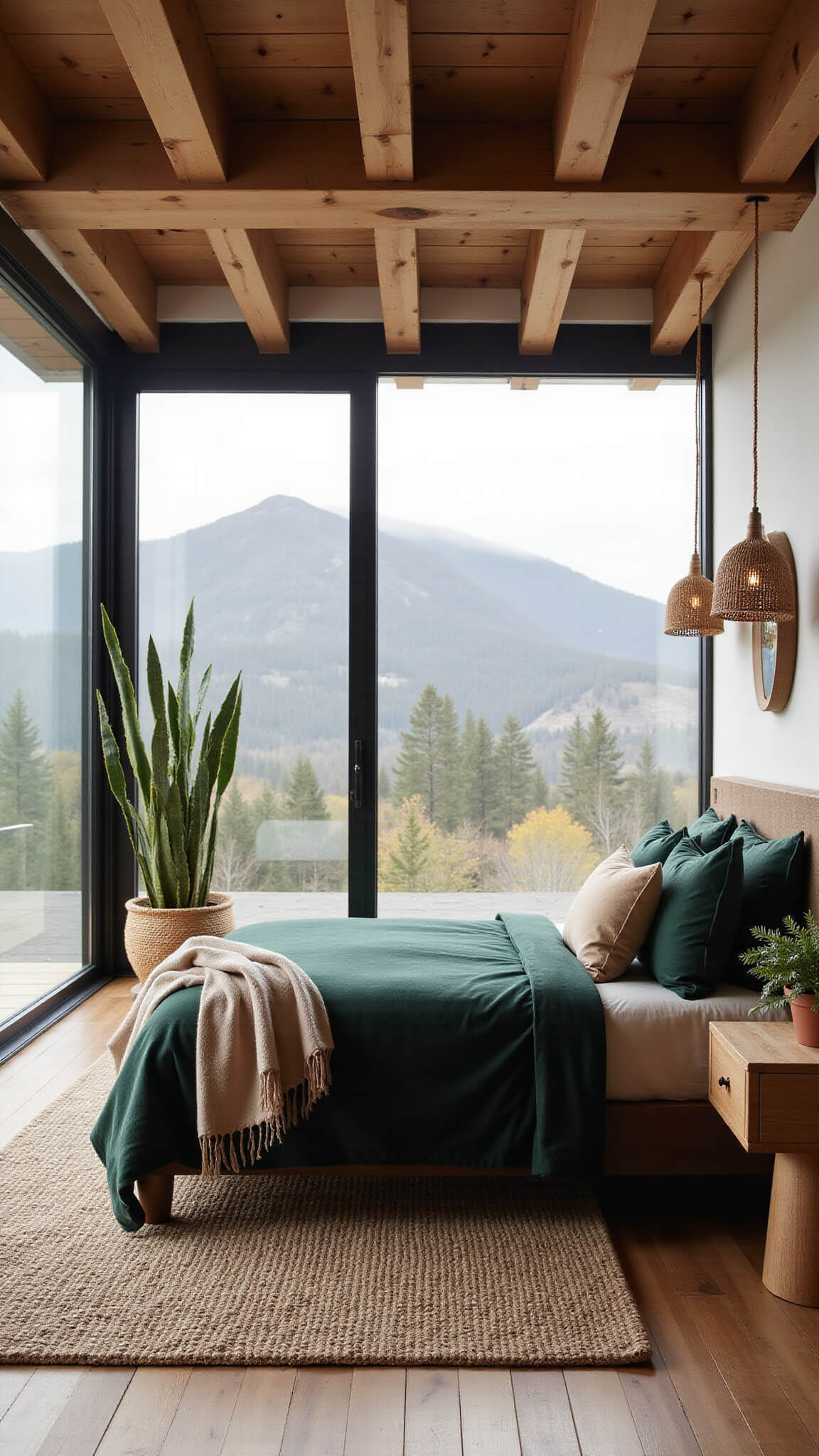 Nature-inspired bedroom with dark green velvet bed, exposed wooden beams, mountain views through misty floor-to-ceiling windows, raw wood nightstands, woven pendant lights, and potted plants.
