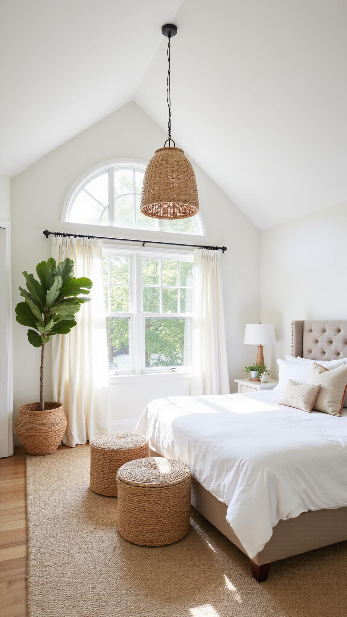 Bright, airy bedroom with vaulted ceilings, white walls, oatmeal linen bed, natural textures, and sunlight streaming through sheer curtains.