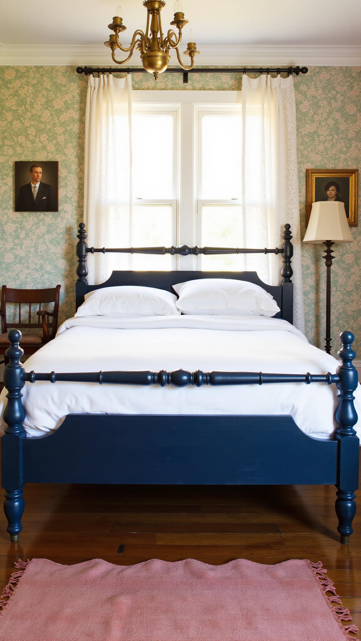 Eclectic 15x15 bedroom with navy bed, white linens, scalloped pink rug, crown molding, floral wallpaper, and golden hour light through lace curtains.
