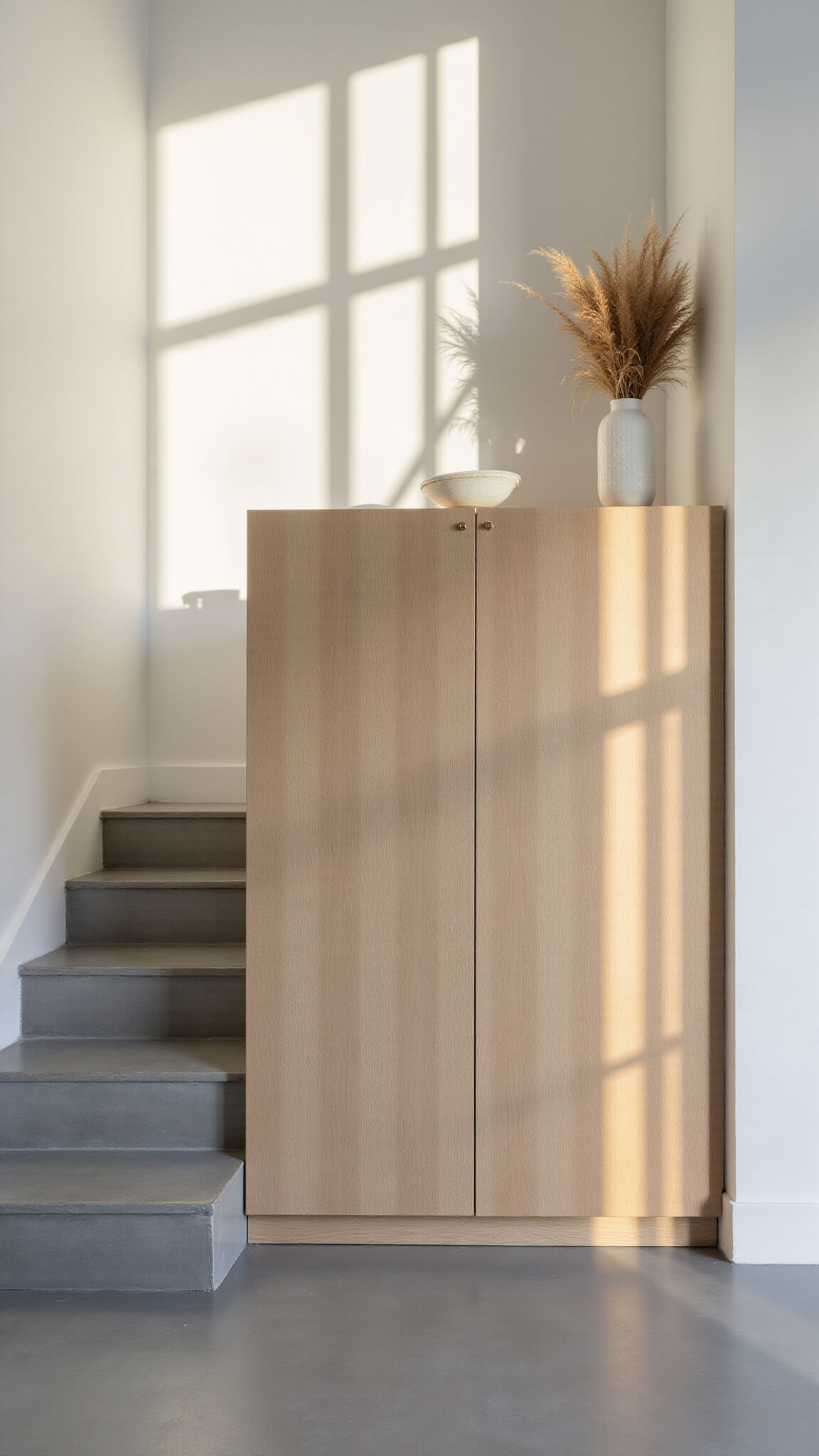 Minimalist staircase with floating grey concrete steps above hidden light oak storage, white walls, and golden hour sunlight casting shadows.