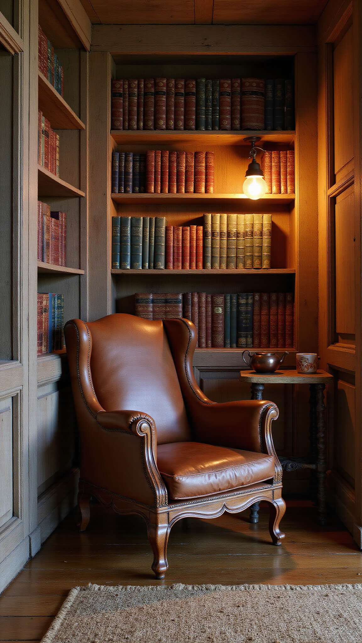 Cozy under-stair rustic library nook with vintage leather armchair, floor-to-ceiling bookshelves, warm copper lighting, and reclaimed wood accents at dusk.