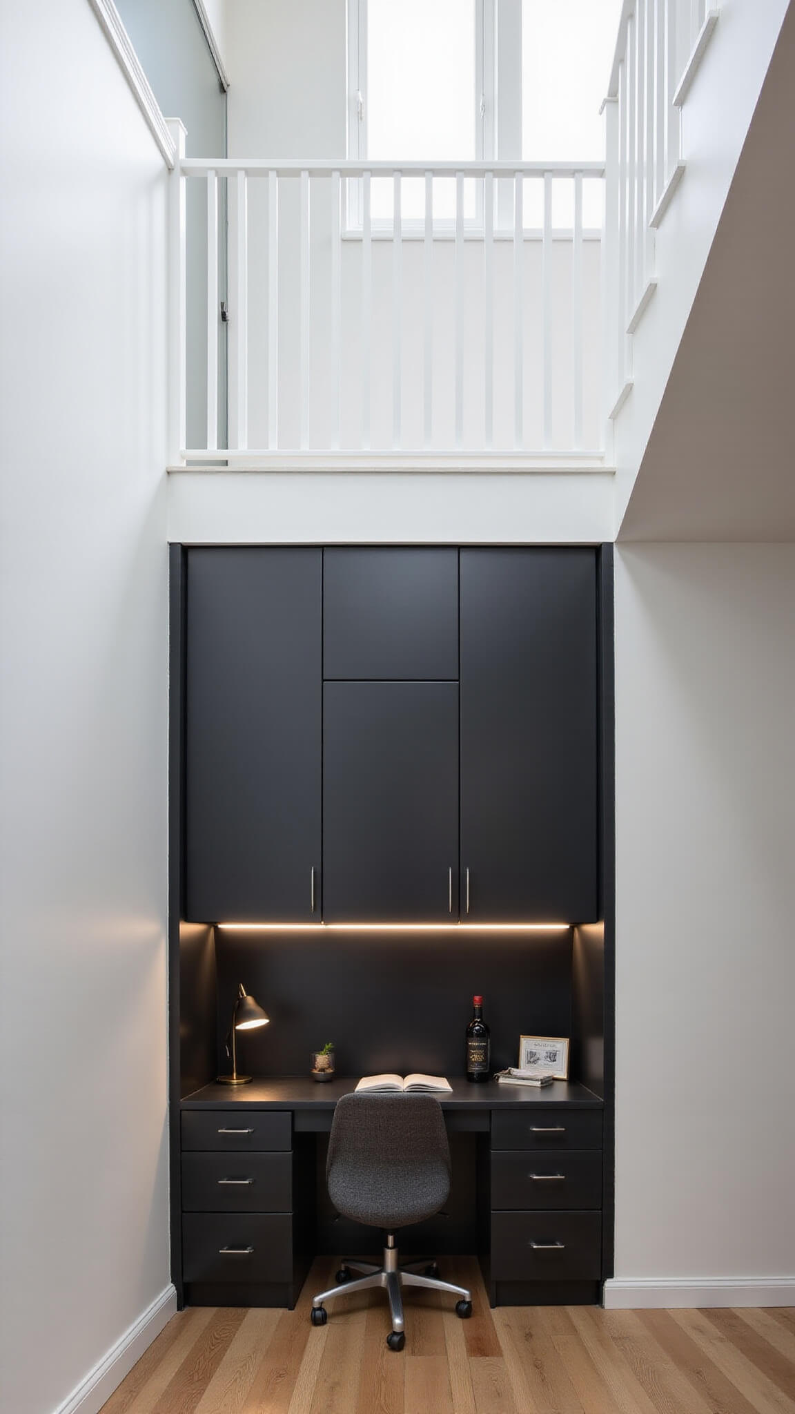 Modern home office with floating matte black desk, built-in storage, and ergonomic chair in crisp white stairwell lit by integrated LED lighting.