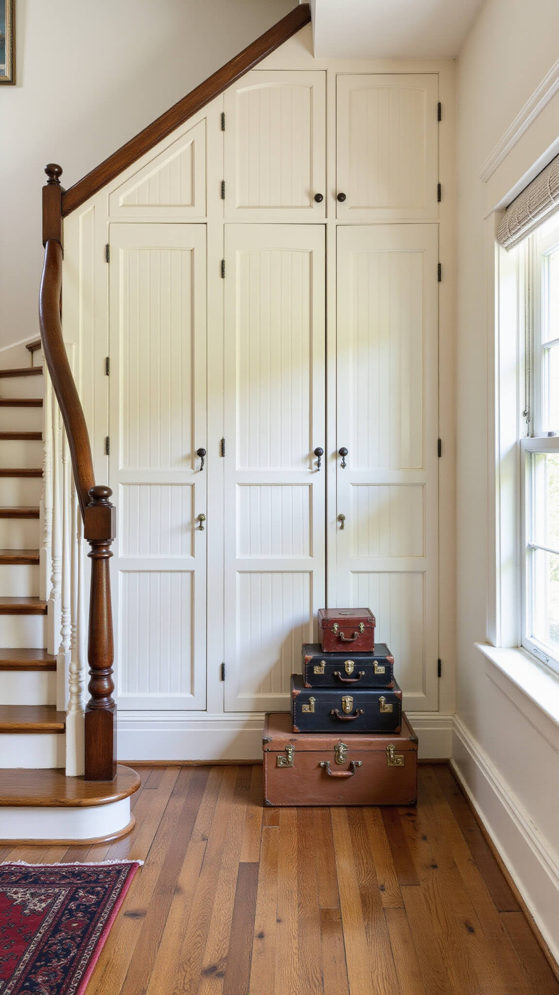 Victorian staircase with custom under-stair cream cabinetry, antique knobs, vintage decor, and soft afternoon light highlighting historic details.