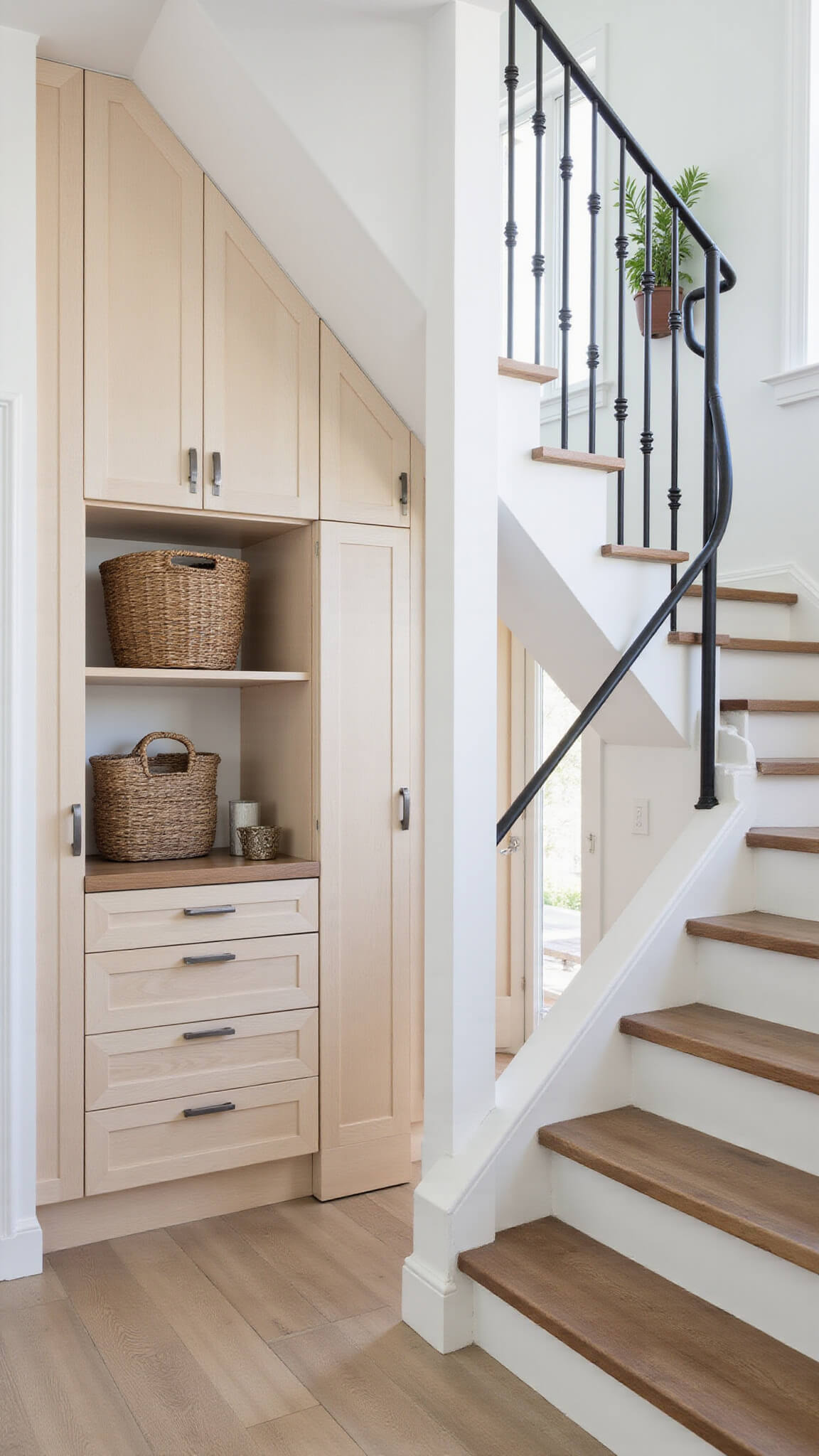 Scandinavian-style white stairwell with pale birch built-ins, white oak steps, black railings, and natural decor in bright morning light.