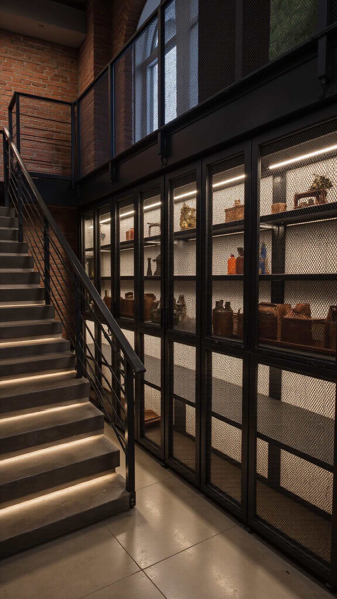 Dramatic evening view of 16-foot concrete staircase with blackened steel storage, exposed brick, metal mesh cabinets, LED-lit shelves, and vintage industrial decor.