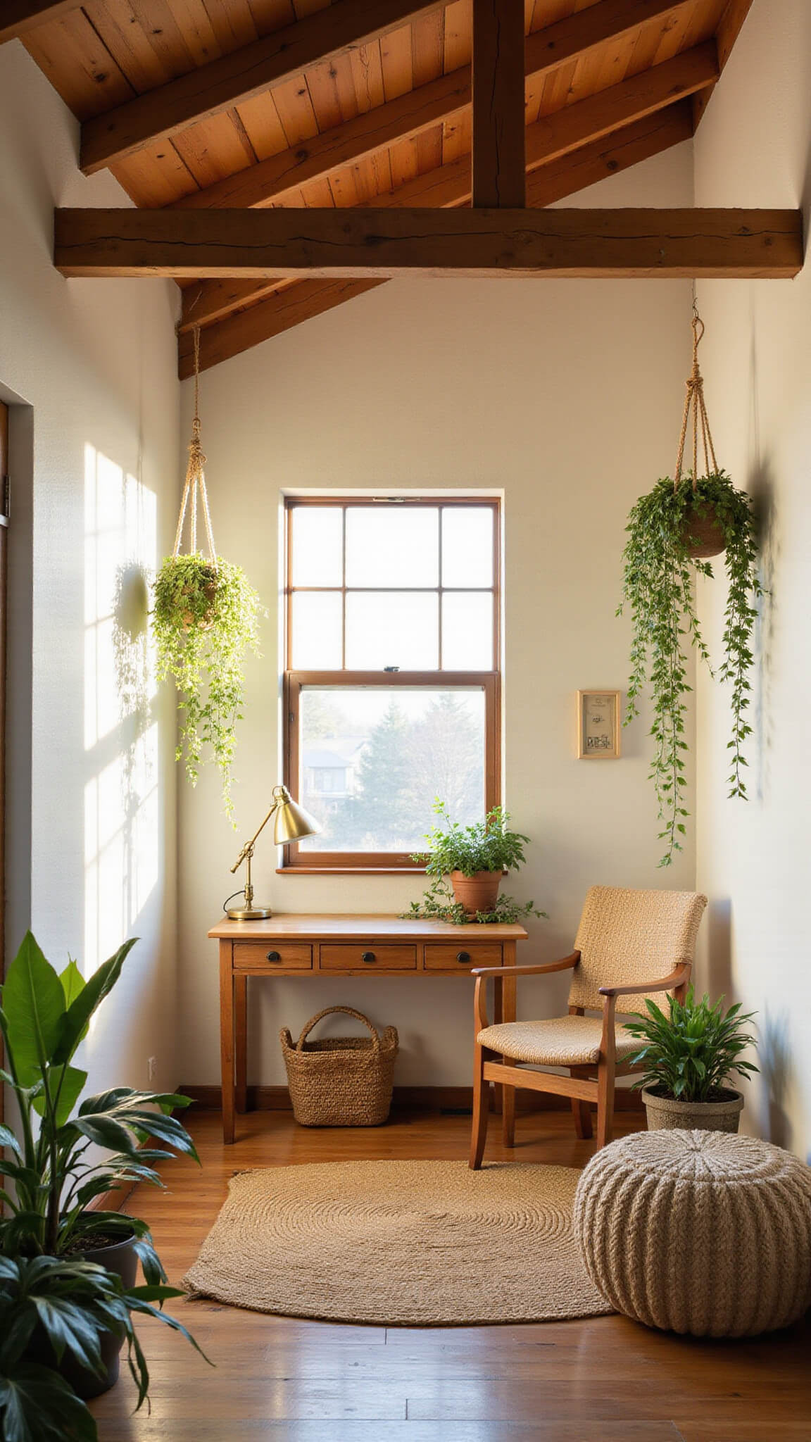 Sunlit backyard studio with vaulted ceilings, exposed wooden beams, vintage desk, and floor-to-ceiling windows highlighting a serene, plant-filled workspace.