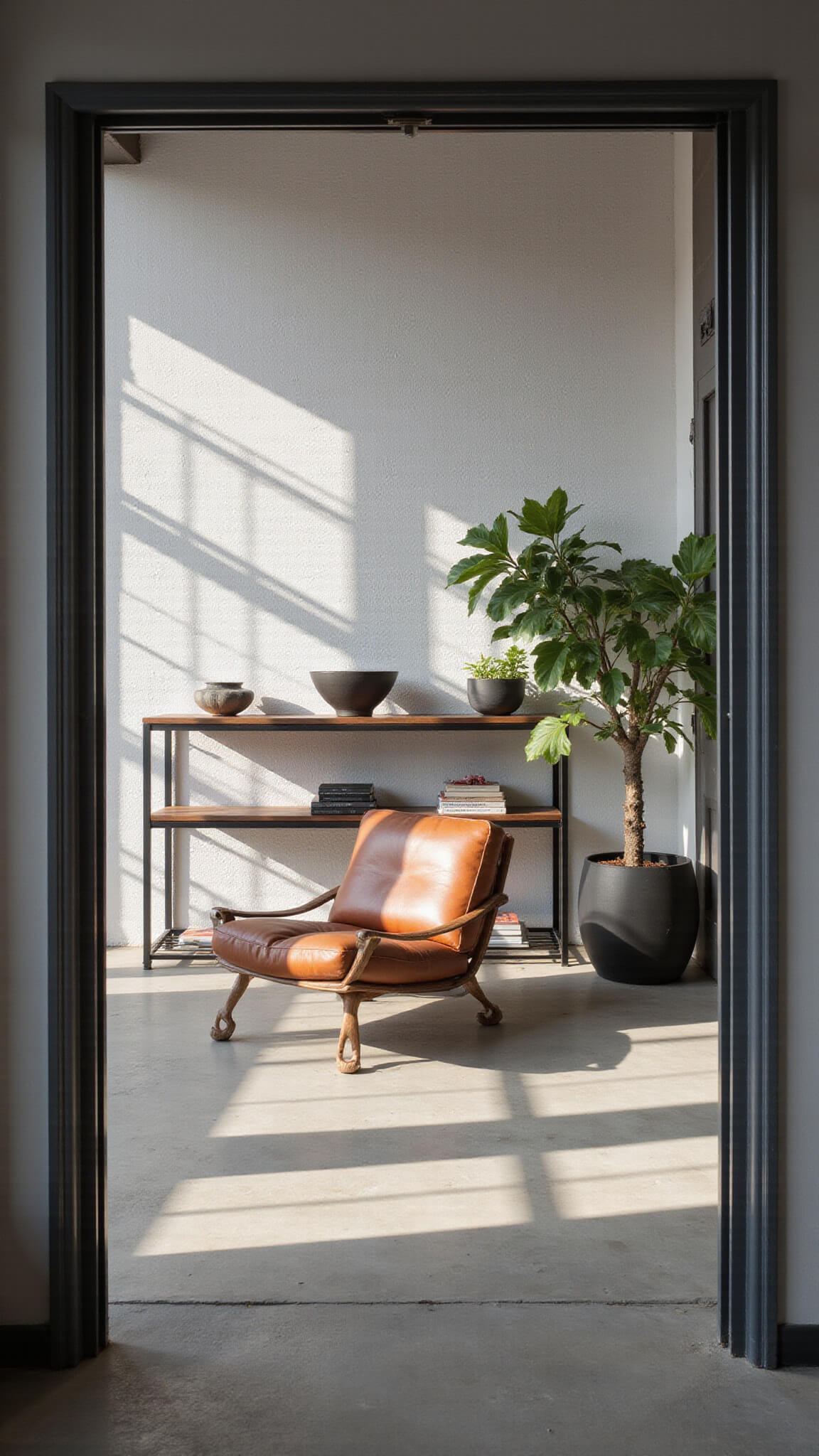 Contemporary 10x12ft studio with mid-morning light, featuring dramatic shadows, cognac leather lounger, textured white wall, black shelving with ceramics, and fiddle leaf fig in corner.