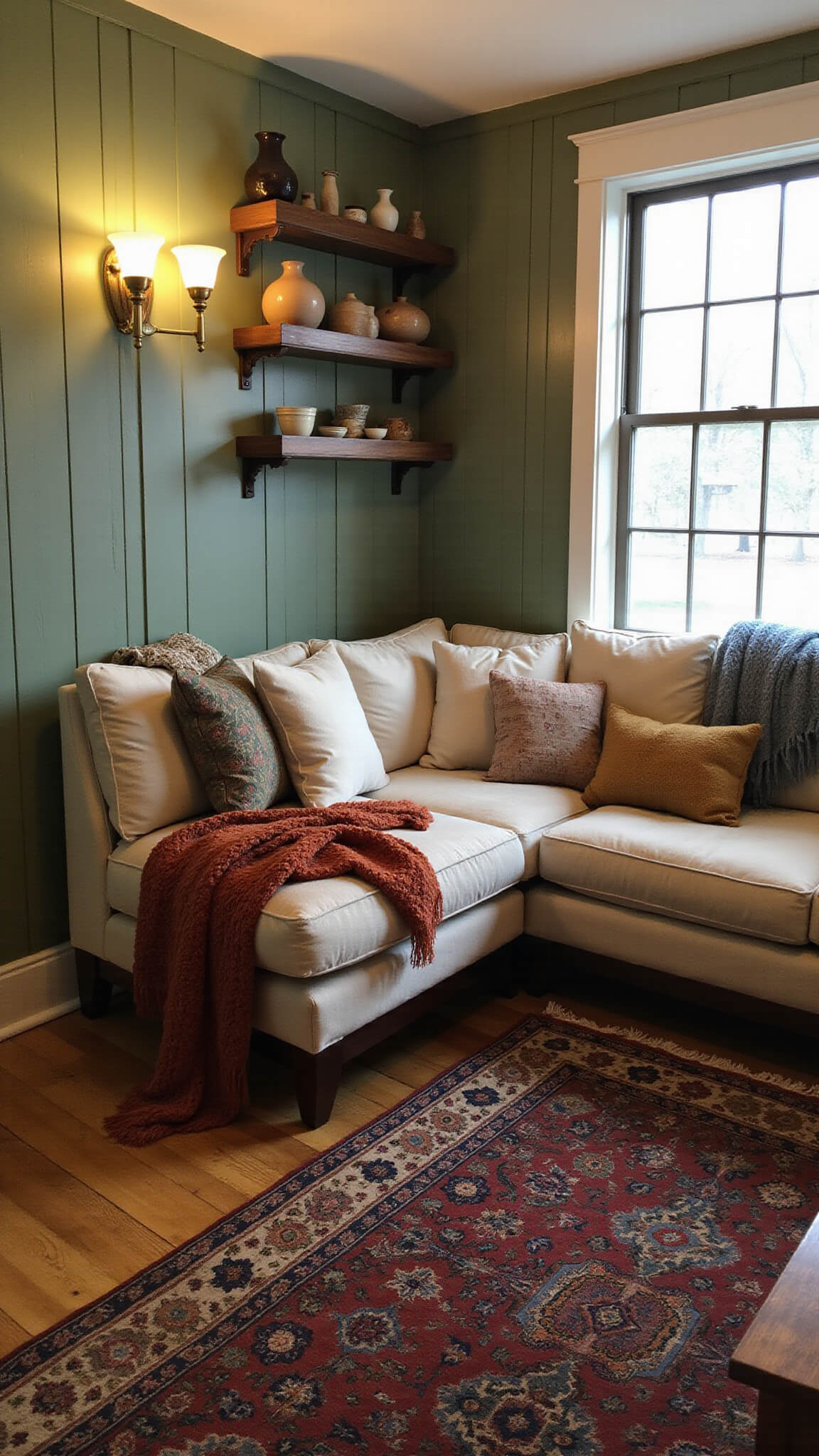 Cozy creative den at dusk with sage green accent wall, vintage sconces, oatmeal L-shaped sectional, textured pillows, reclaimed wood shelves with pottery, Persian rug, shot from above.