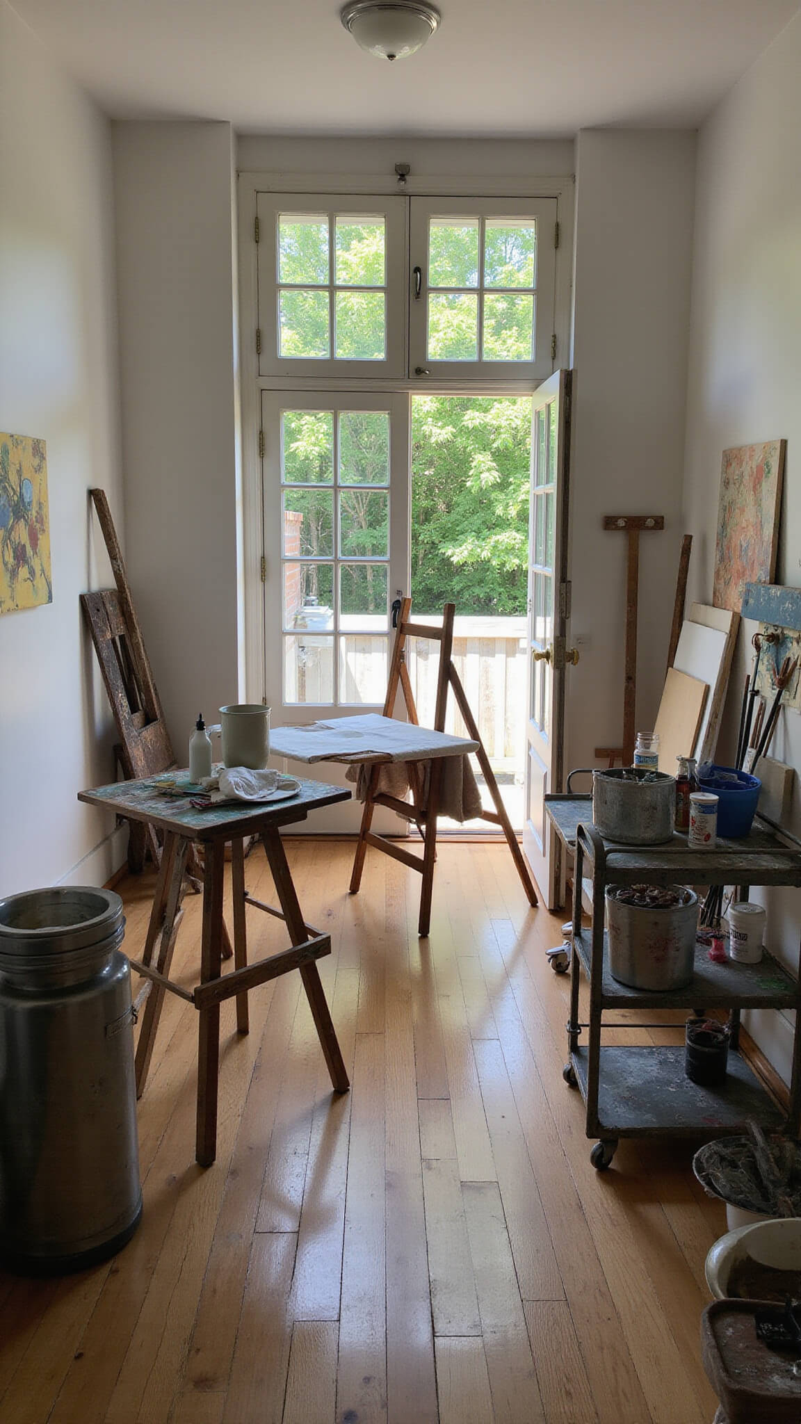 Artist’s studio with French doors, easel and drafting table centered, artwork on white walls, industrial cart of supplies, and warm afternoon light casting shadows on hardwood floors.