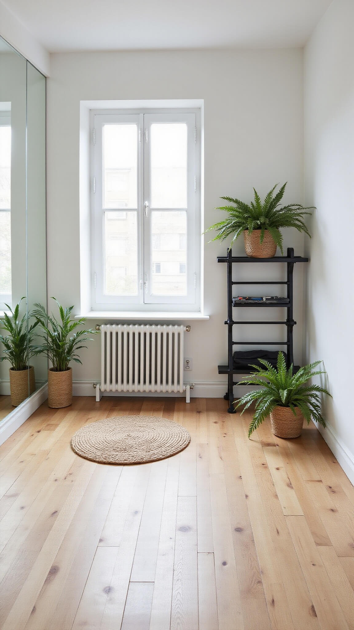 Scandinavian-style 11x13ft workout studio with light oak floors, white walls, floor-to-ceiling mirrors, minimalist black equipment rack, woven baskets with yoga props, Boston ferns, and large jute rug in morning light.