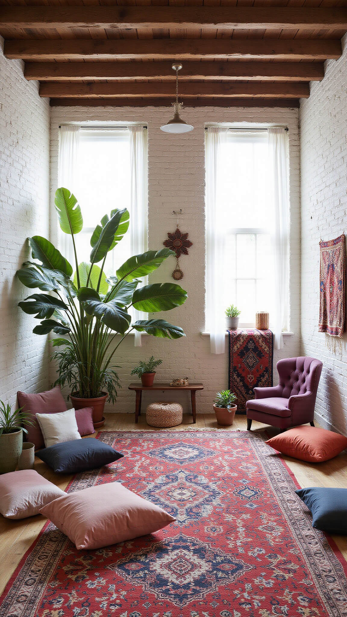 Bohemian photography studio with whitewashed brick walls, exposed rafters, vintage velvet chairs, Moroccan cushions, large monstera plant, and textile wall hangings, bathed in diffused natural light.
