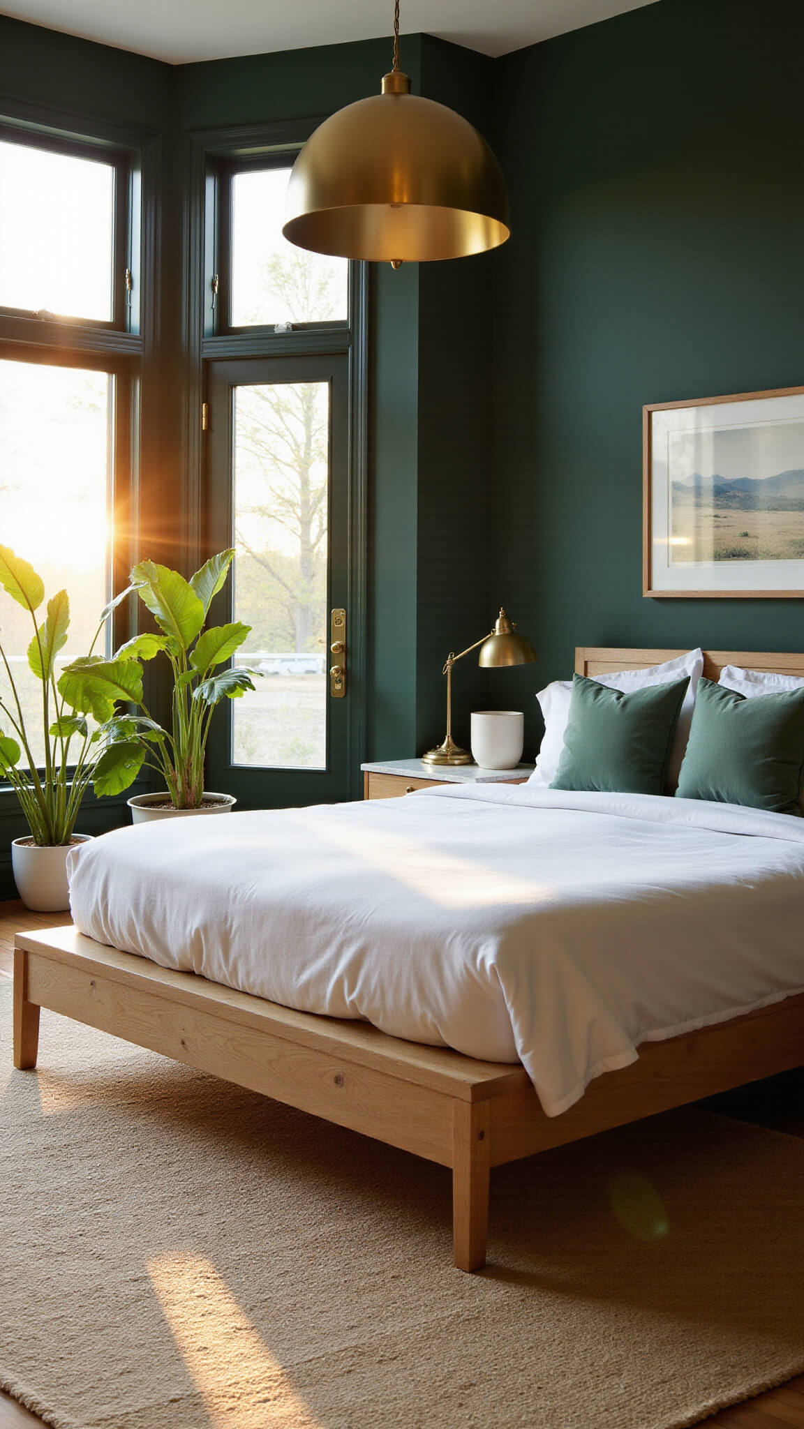 Spacious bedroom with forest green walls, modern platform bed, white linens, and sage velvet pillows, bathed in golden hour light through floor-to-ceiling windows, featuring mid-century nightstands, layered rugs, and fiddle leaf figs for a serene, organic atmosphere.
