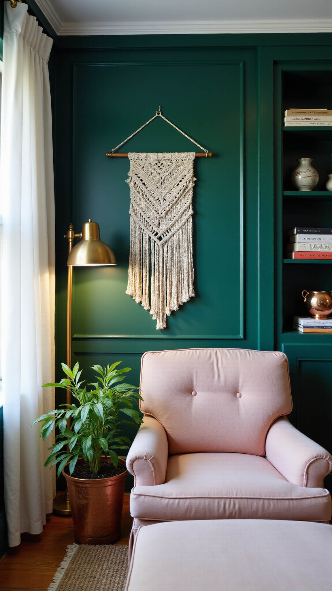 Cozy bedroom corner with blush pink chair, brass floor lamp, and green walls during blue hour.