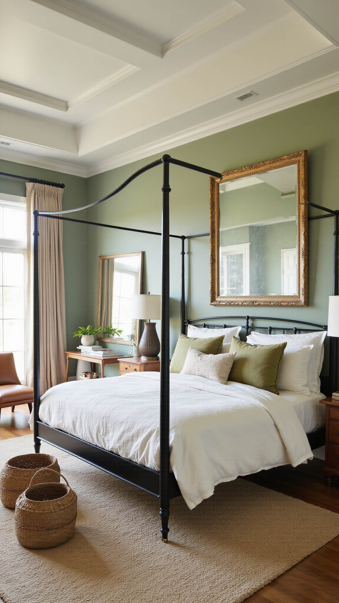 Master bedroom with sage green walls, tray ceiling, canopy bed in ivory and moss linens, antiqued mirror, Moroccan rug, woven baskets, and leather chair in soft dawn light.